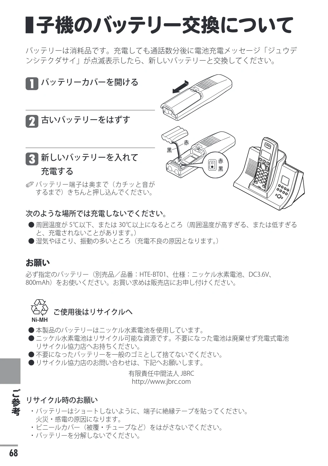 日立 HTE-201 / HTE-101 取扱説明書 — 子機のバッテリー交換について — 図版 68-1 — 68ページ
