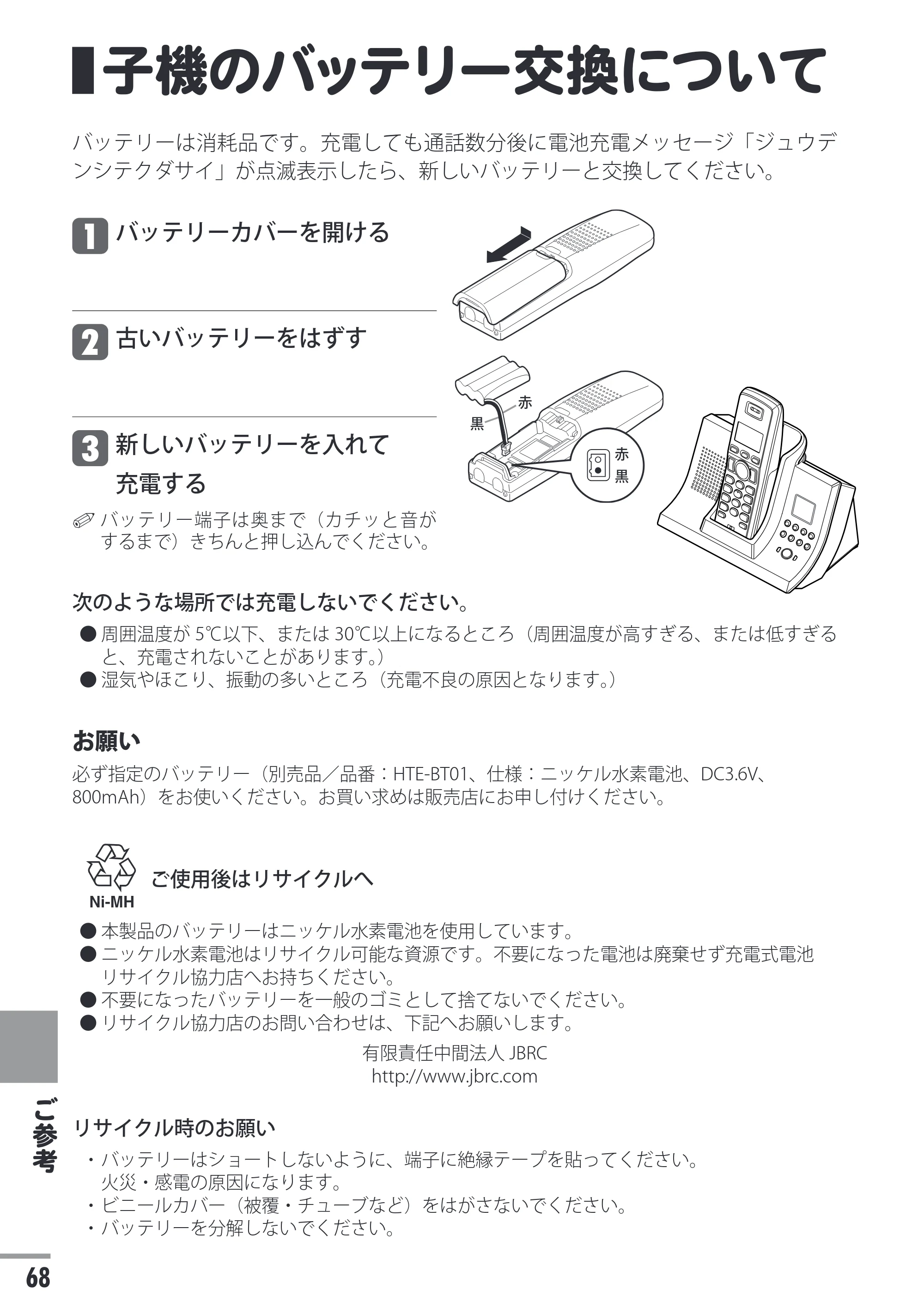 日立 HTE-201 / HTE-101 取扱説明書 — 子機のバッテリー交換について — 原本ページ — 68ページ