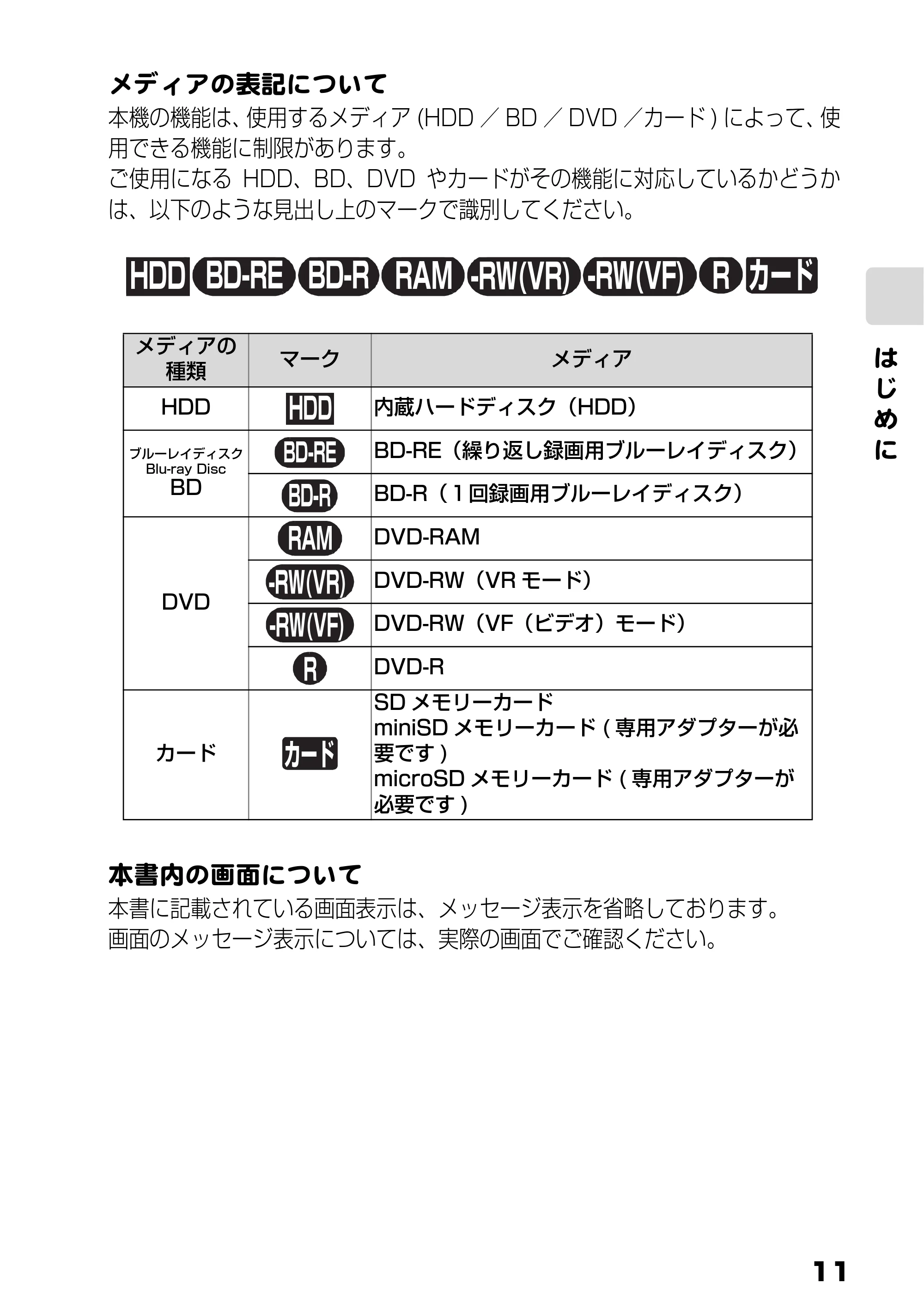 日立 DZ-BD9H 取扱説明書 — HDD BD-R RAM -RW(VR) R -RW(VF) BD-RE カード — 原本ページ — 11ページ