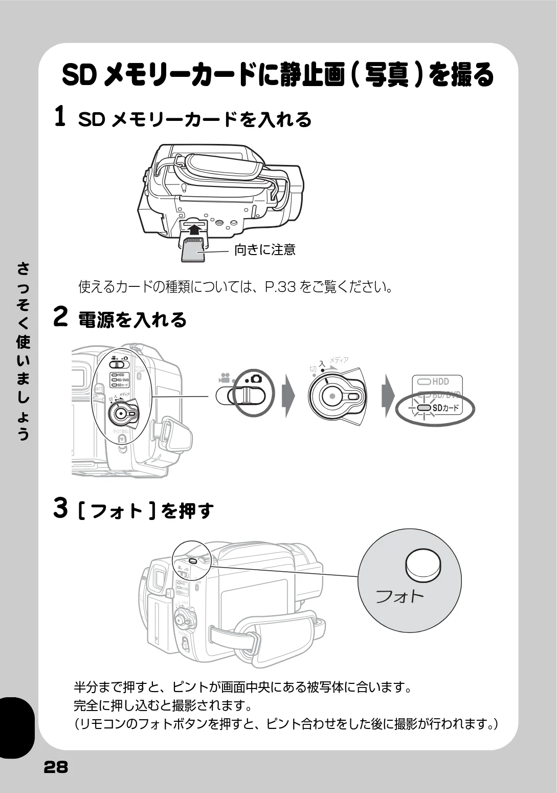 日立 DZ-BD9H 取扱説明書 — SDメモリーカードに静止画(写真)を撮る — 図版 28-1 — 28ページ