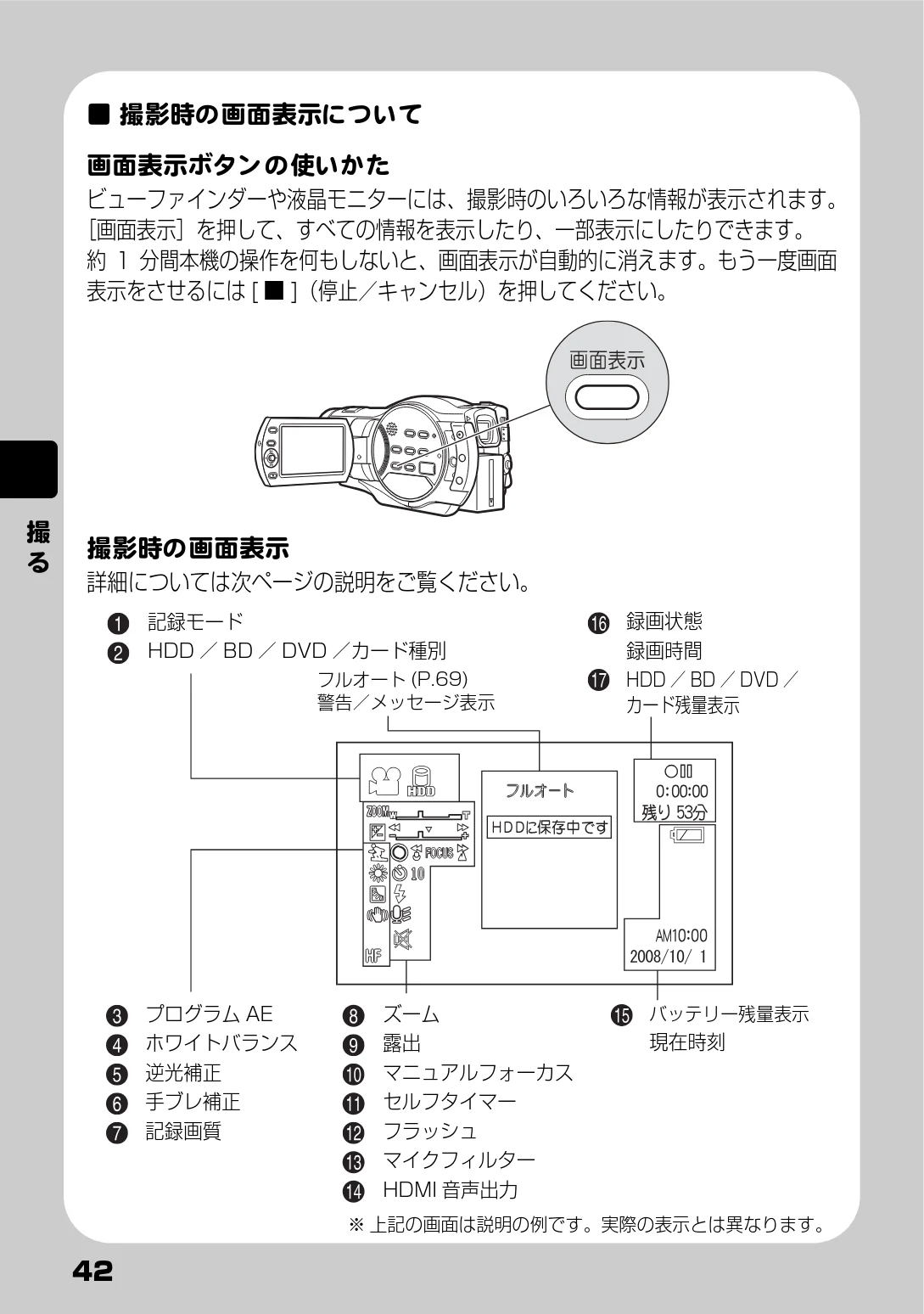 日立 DZ-BD9H 取扱説明書 — 撮影時の画面表示について — 図版 42-1 — 42ページ