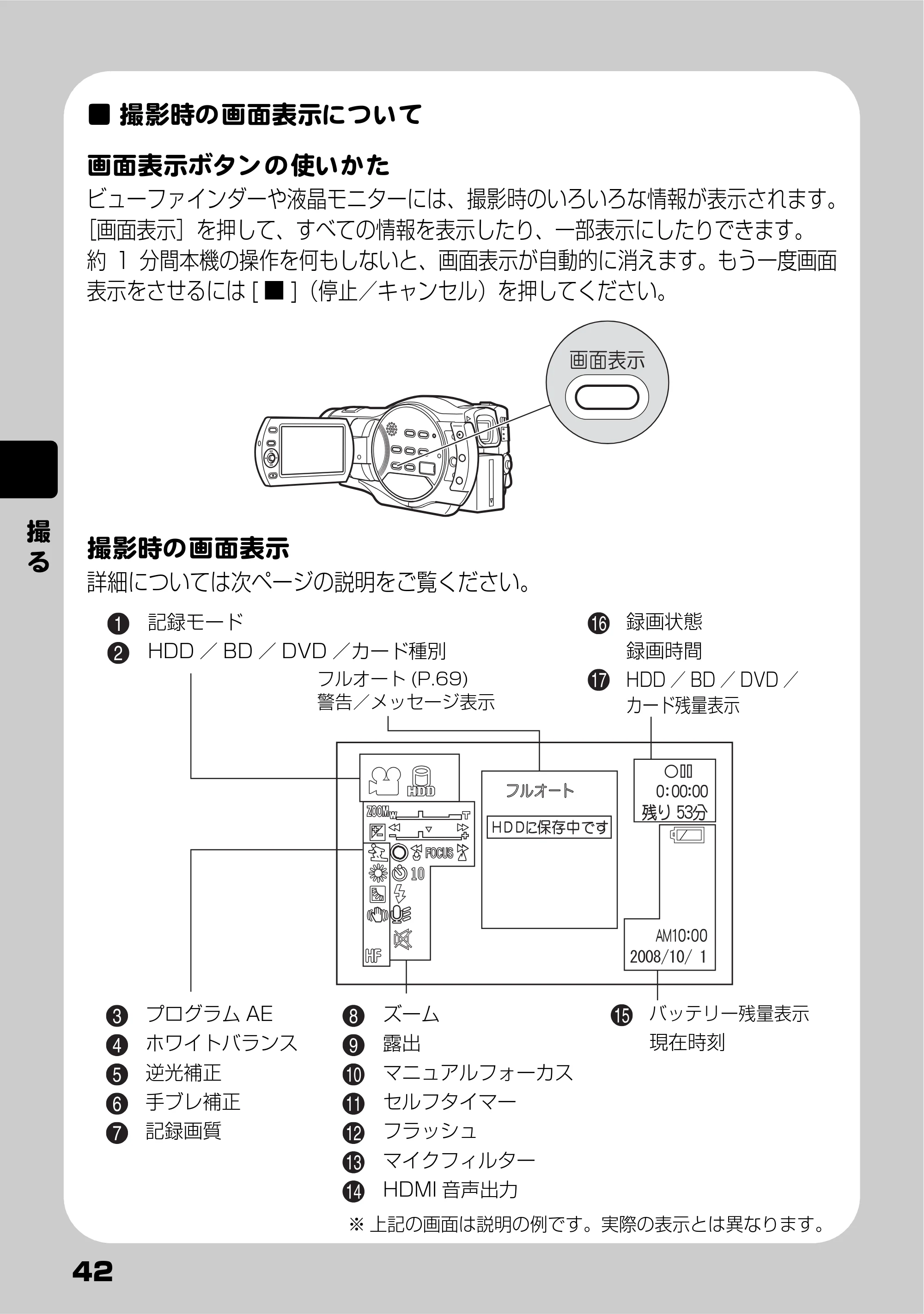 日立 DZ-BD9H 取扱説明書 — 撮影時の画面表示について — 原本ページ — 42ページ