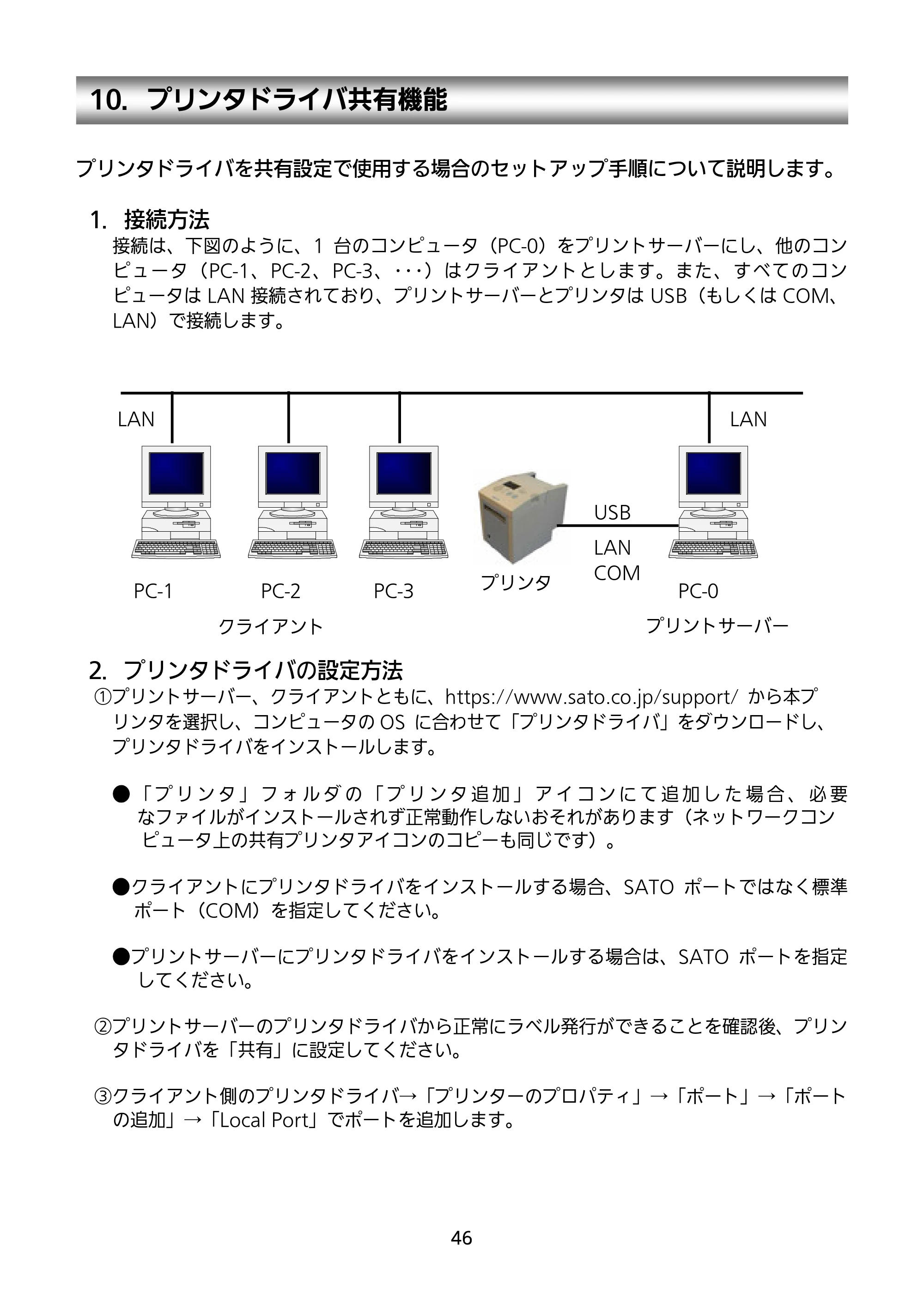 サトー GN412T セットアップガイド（第4版） — 10．プリンタドライバ共有機能 — 原本ページ — 47ページ
