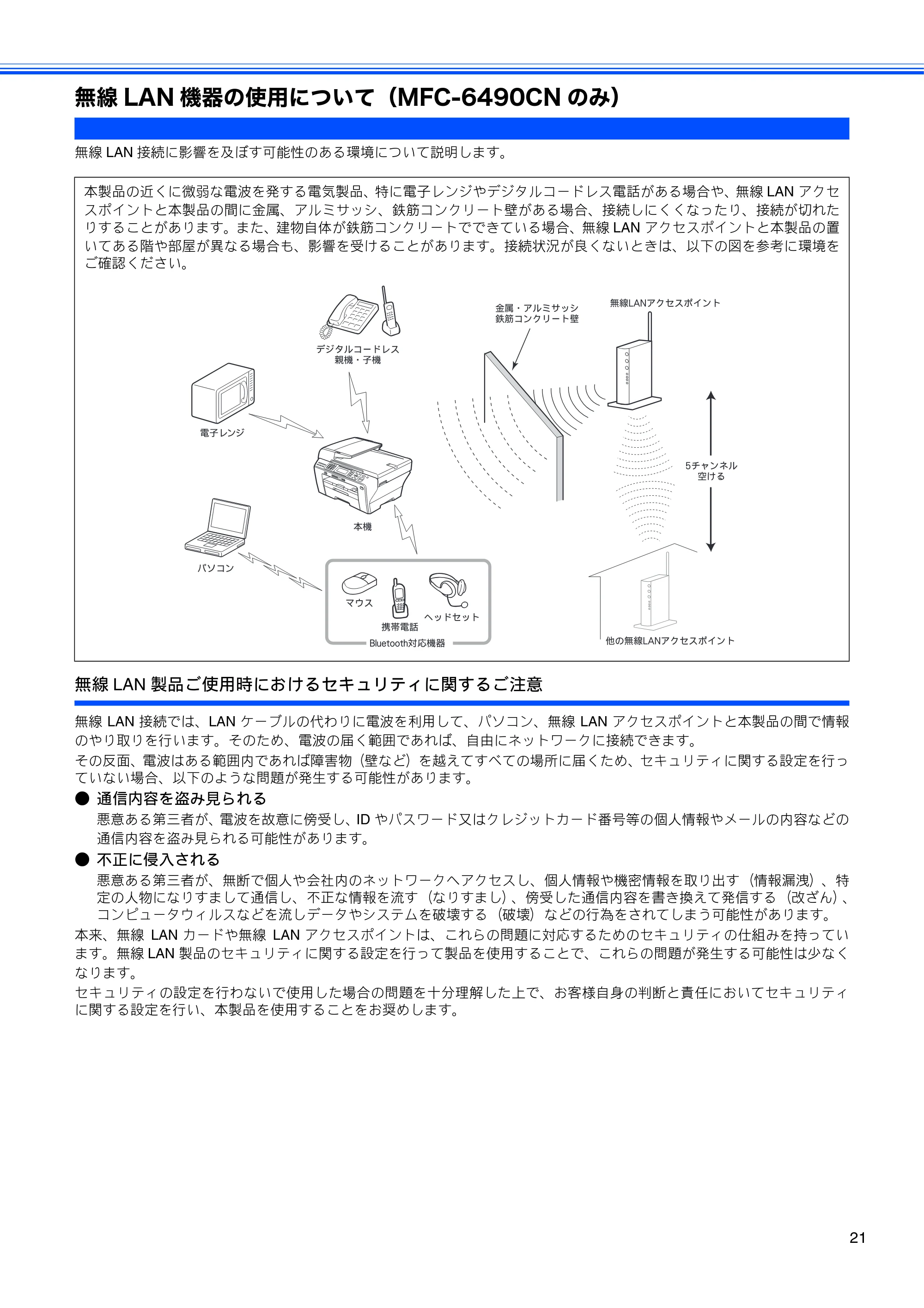 ブラザー MFC-5890CN / MFC-6490CN 取扱説明書（本体） — 無線LAN機器の使用について（MFC-6490CNのみ） — 原本ページ — 23ページ