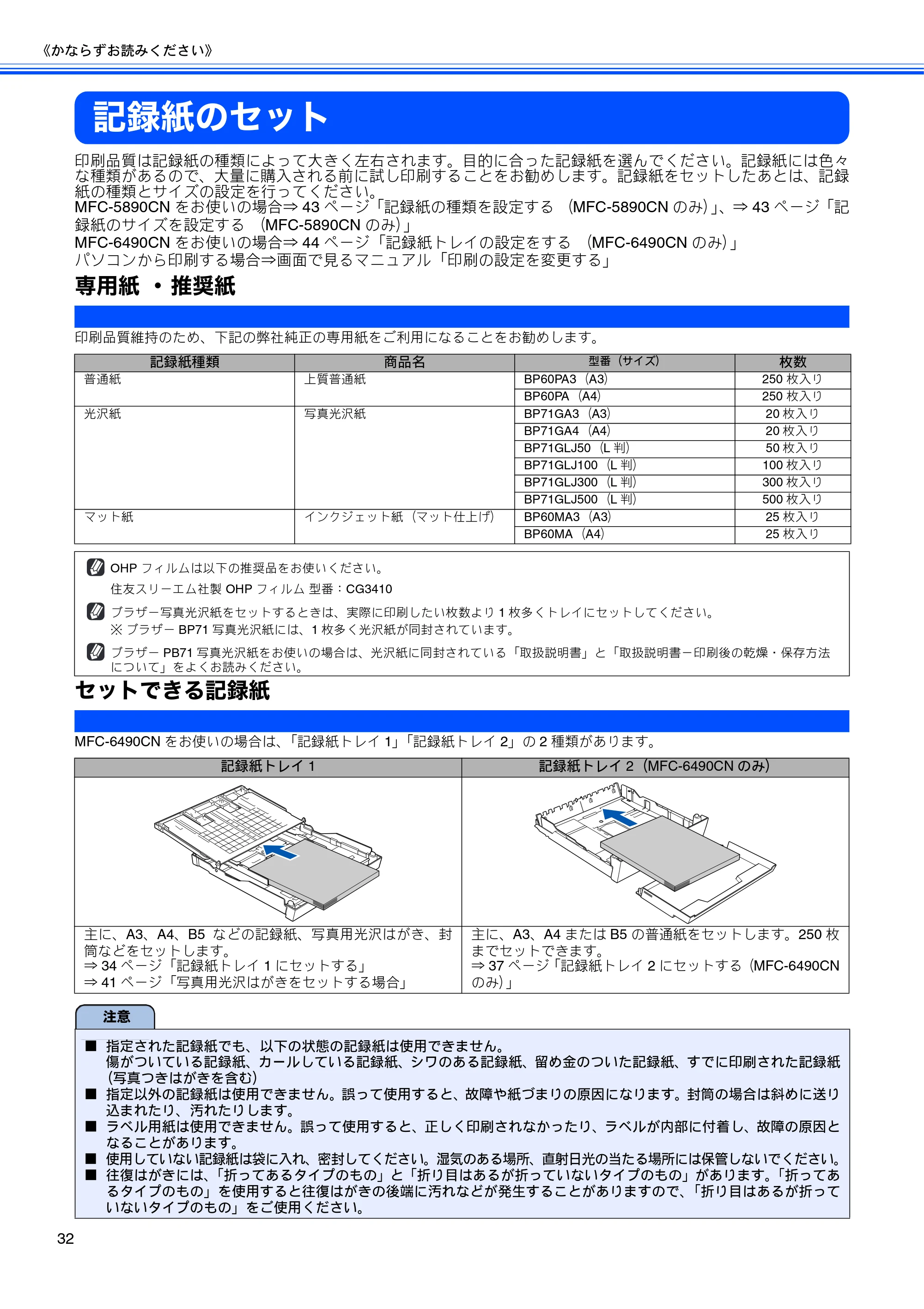 ブラザー MFC-5890CN / MFC-6490CN 取扱説明書（本体） — 記録紙のセット — 原本ページ — 34ページ