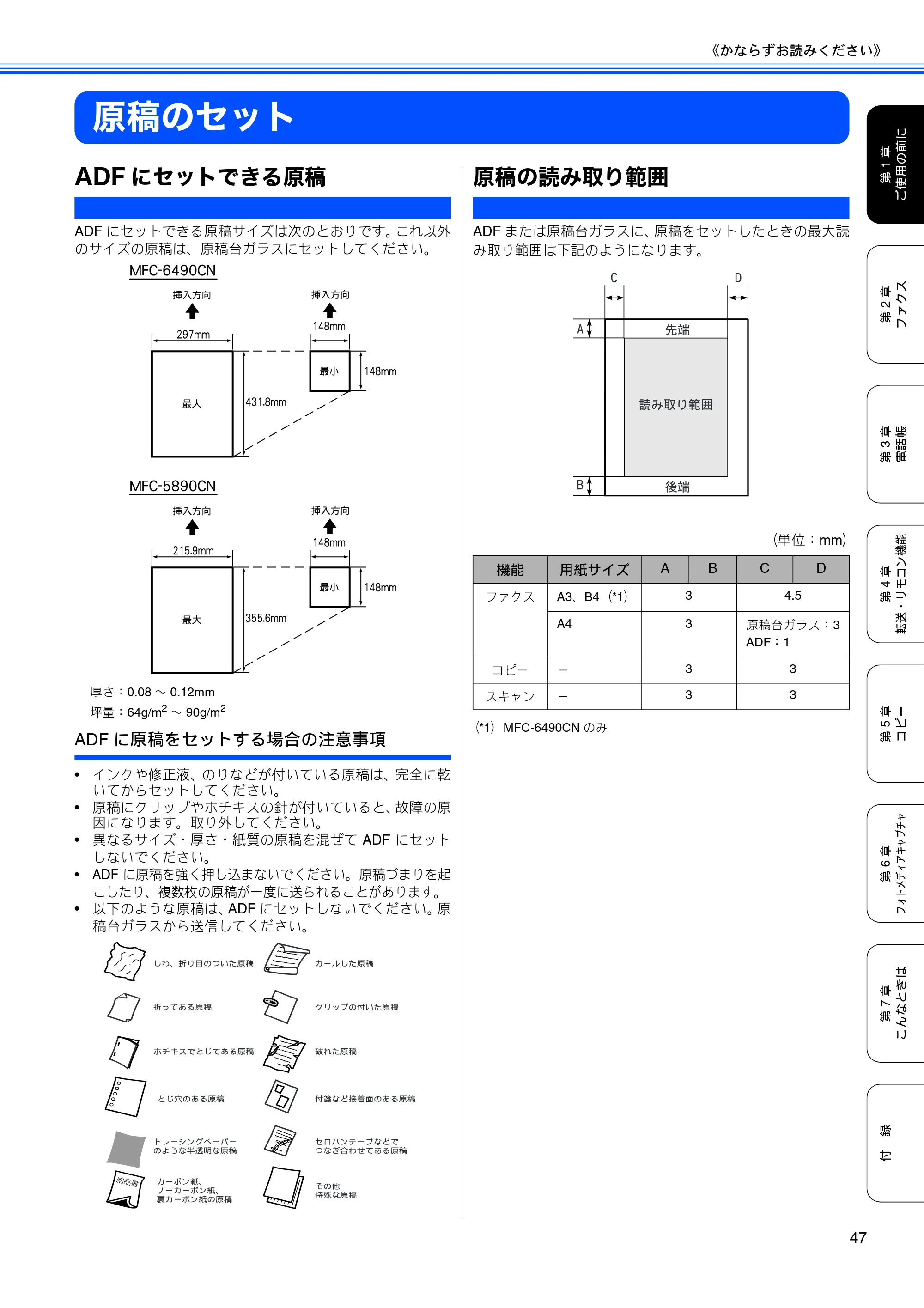 ブラザー MFC-5890CN / MFC-6490CN 取扱説明書（本体） — 原稿のセット — 原本ページ — 49ページ