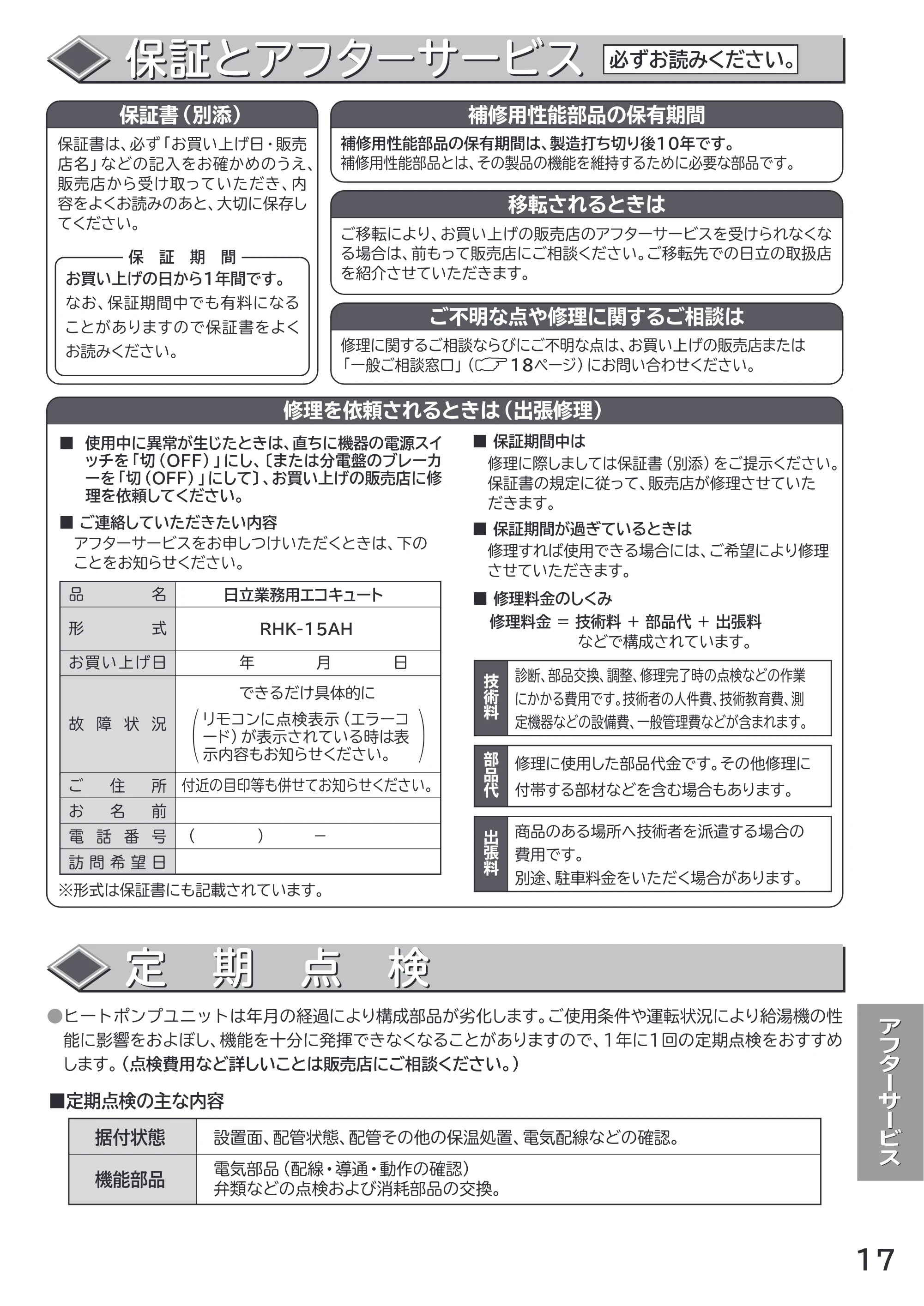 日立 RHK-15AH 取扱説明書 — 保証とアフターサービス — 原本ページ — 17ページ