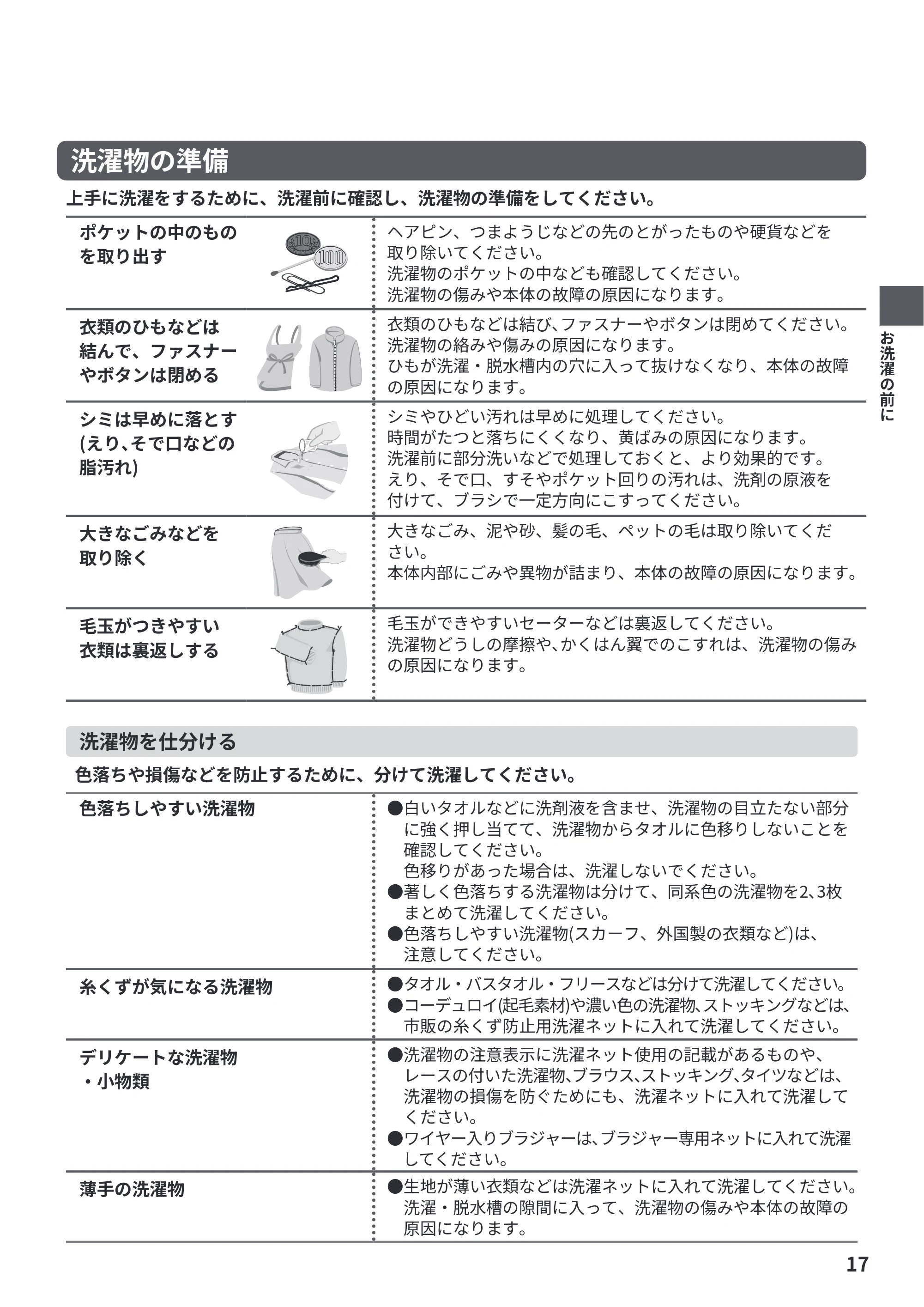 日立 NW-R706 取扱説明書 — 洗濯物の準備 — 原本ページ — 17ページ