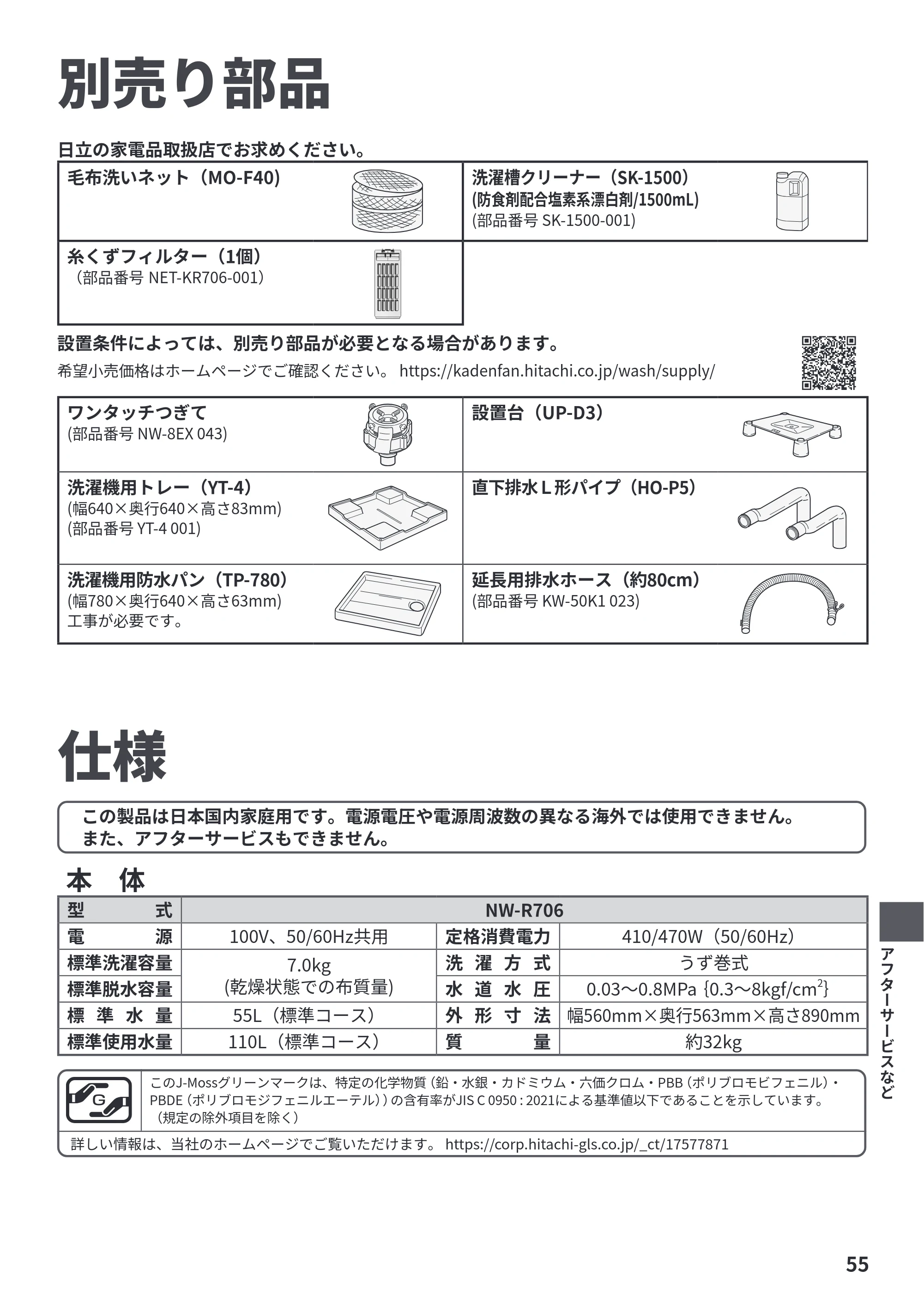 日立 NW-R706 取扱説明書 — 別売り部品 — 原本ページ — 55ページ