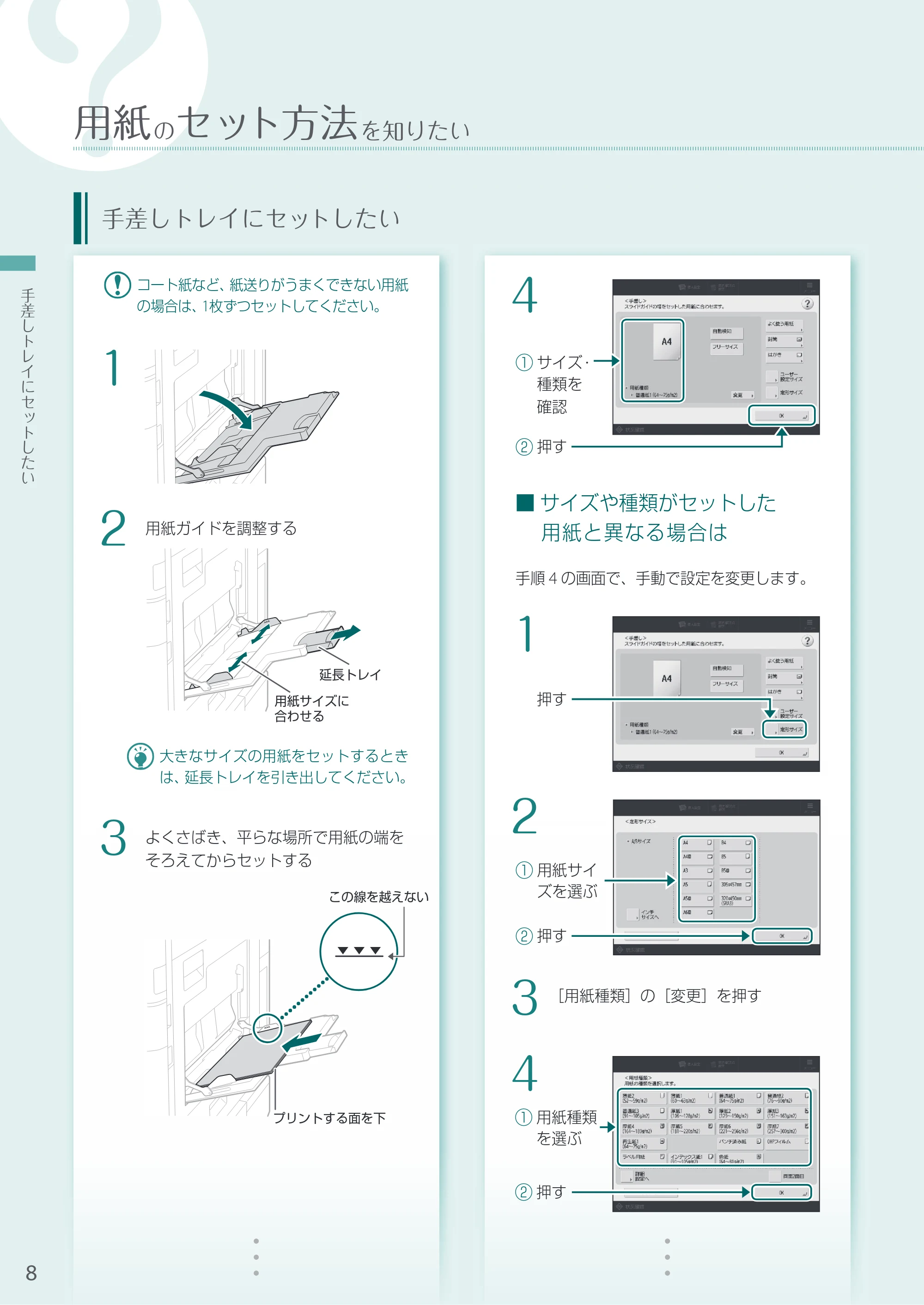 キヤノン A3機用) お困りごと解決ガイド 2020年5月14日更新（PDF：16.5MB） — 手差しトレイにセットしたい — 原本ページ — 8ページ