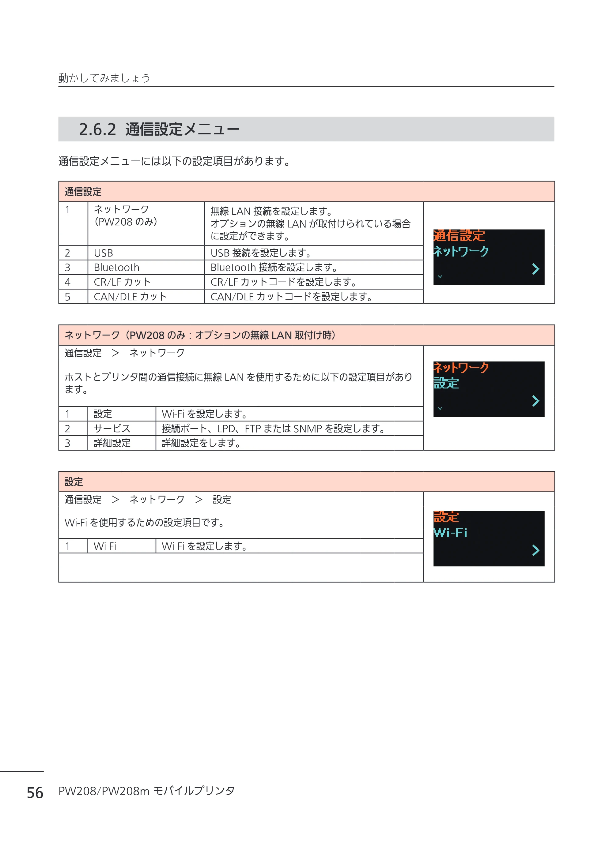 サトー Petit lapin(プチラパン)PW208 / PW208m / etit lapin(プチラパン)PW208 / PW208m PW208 / PW208m取扱説明書（第5版） — 2.6.2 通信設定メニュー — 原本ページ — 59ページ