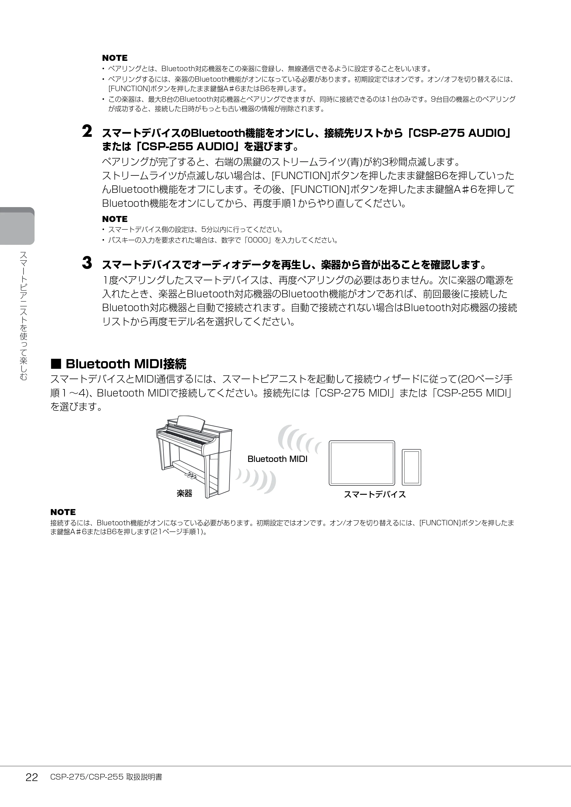 ヤマハ CSP-275 / CSP-255 CSP-275/CSP-255 取扱説明書 — 3 スマートデバイスでオーディオデータを再生し、楽器から音が出ることを確認します。 — 原本ページ — 22ページ
