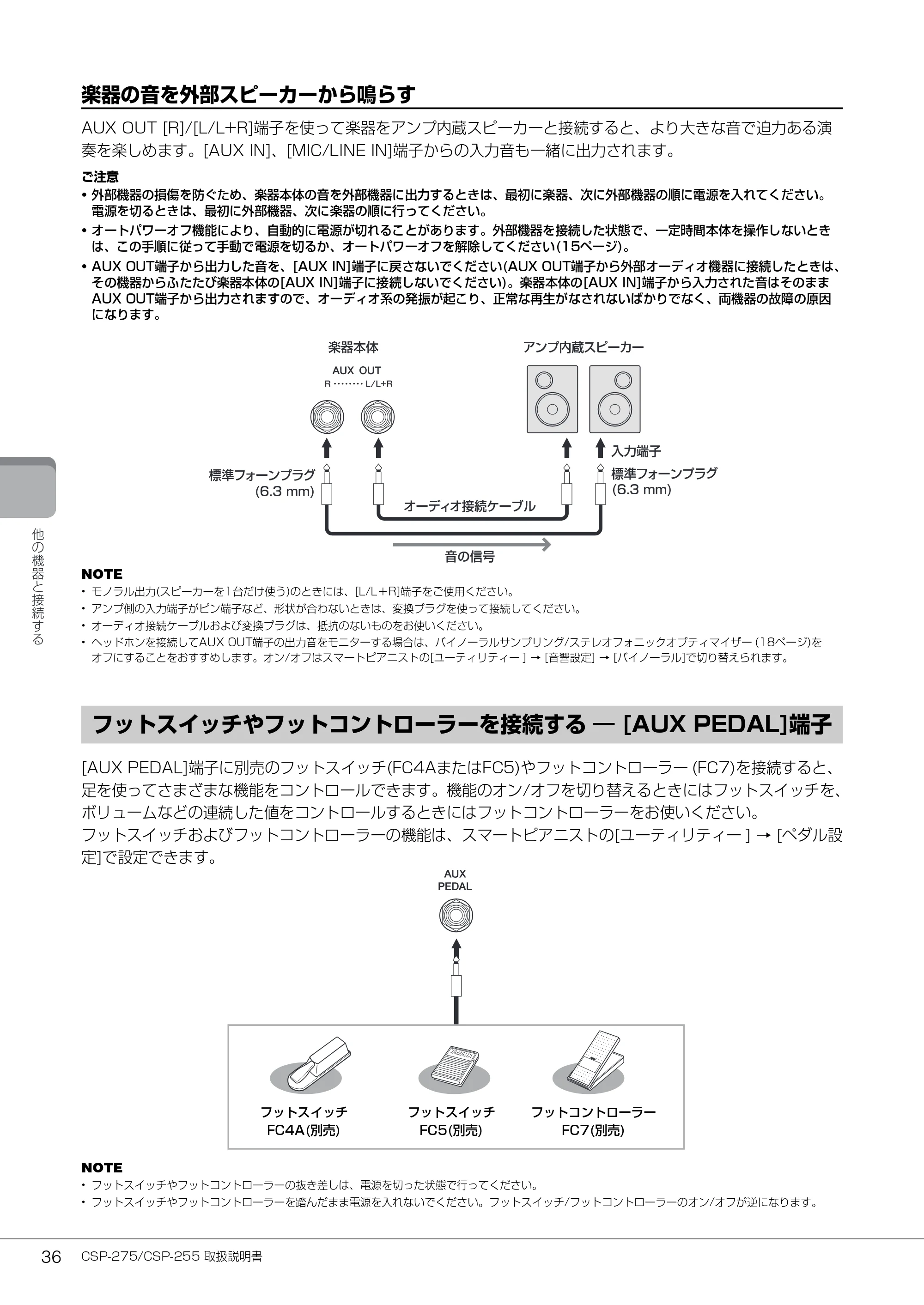ヤマハ CSP-275 / CSP-255 CSP-275/CSP-255 取扱説明書 — フットスイッチやフットコントローラーを接続する ― [AUX PEDAL]端子 — 原本ページ — 36ページ