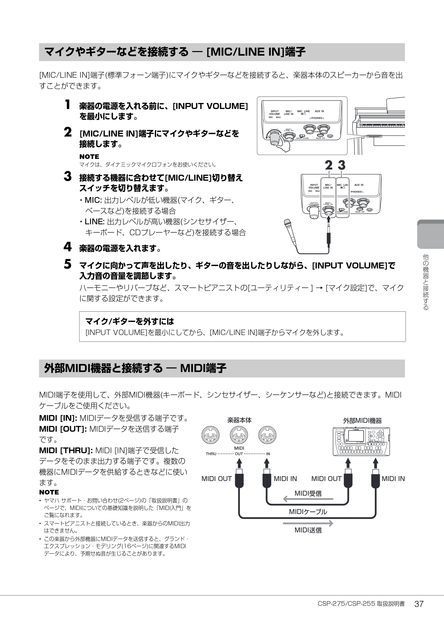 ヤマハ CSP-275 / CSP-255 CSP-275/CSP-255 取扱説明書 — マイクやギターなどを接続する ― [MIC/LINE IN]端子 — 図版 37-1 — 37ページ