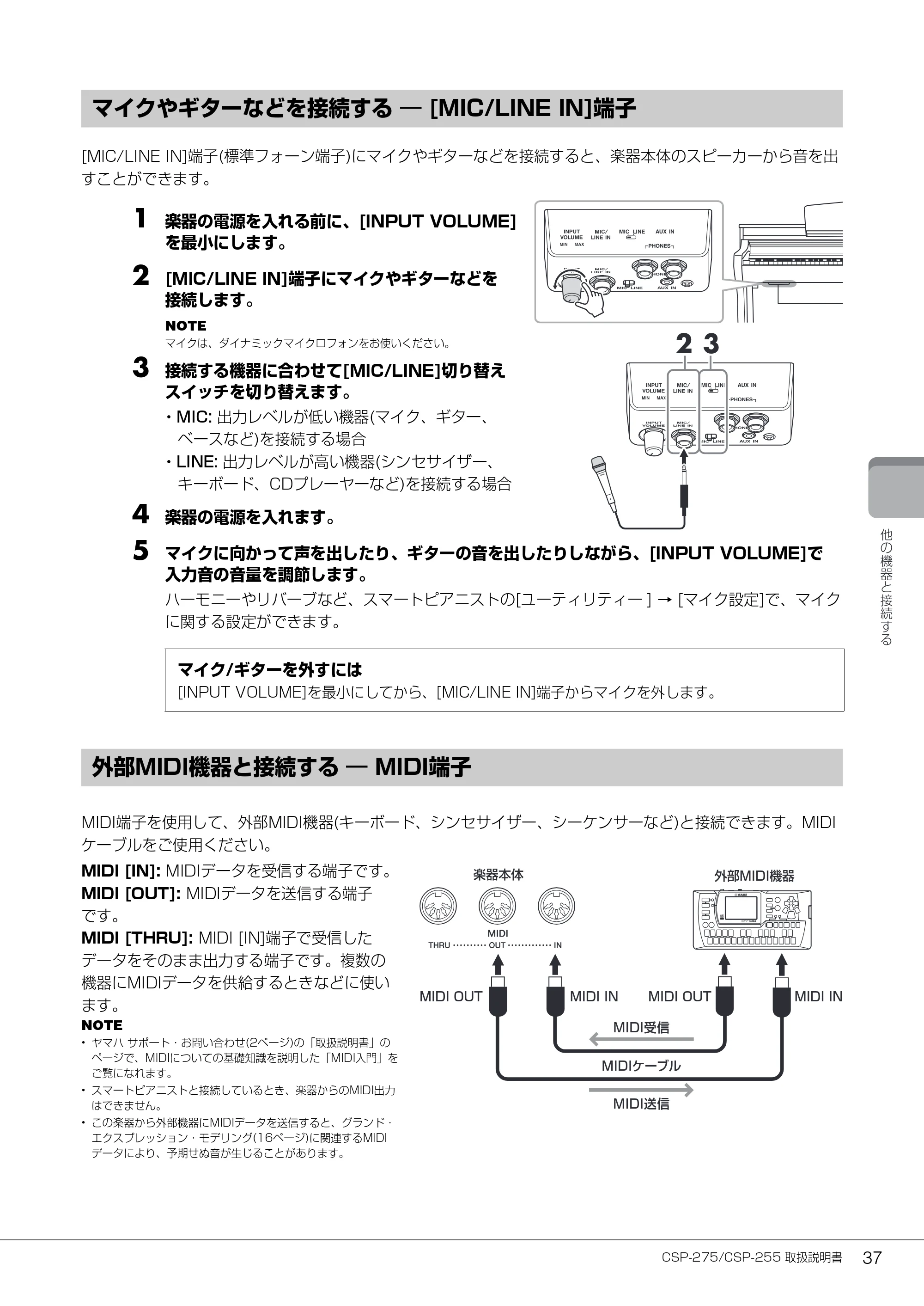 ヤマハ CSP-275 / CSP-255 CSP-275/CSP-255 取扱説明書 — マイクやギターなどを接続する ― [MIC/LINE IN]端子 — 原本ページ — 37ページ