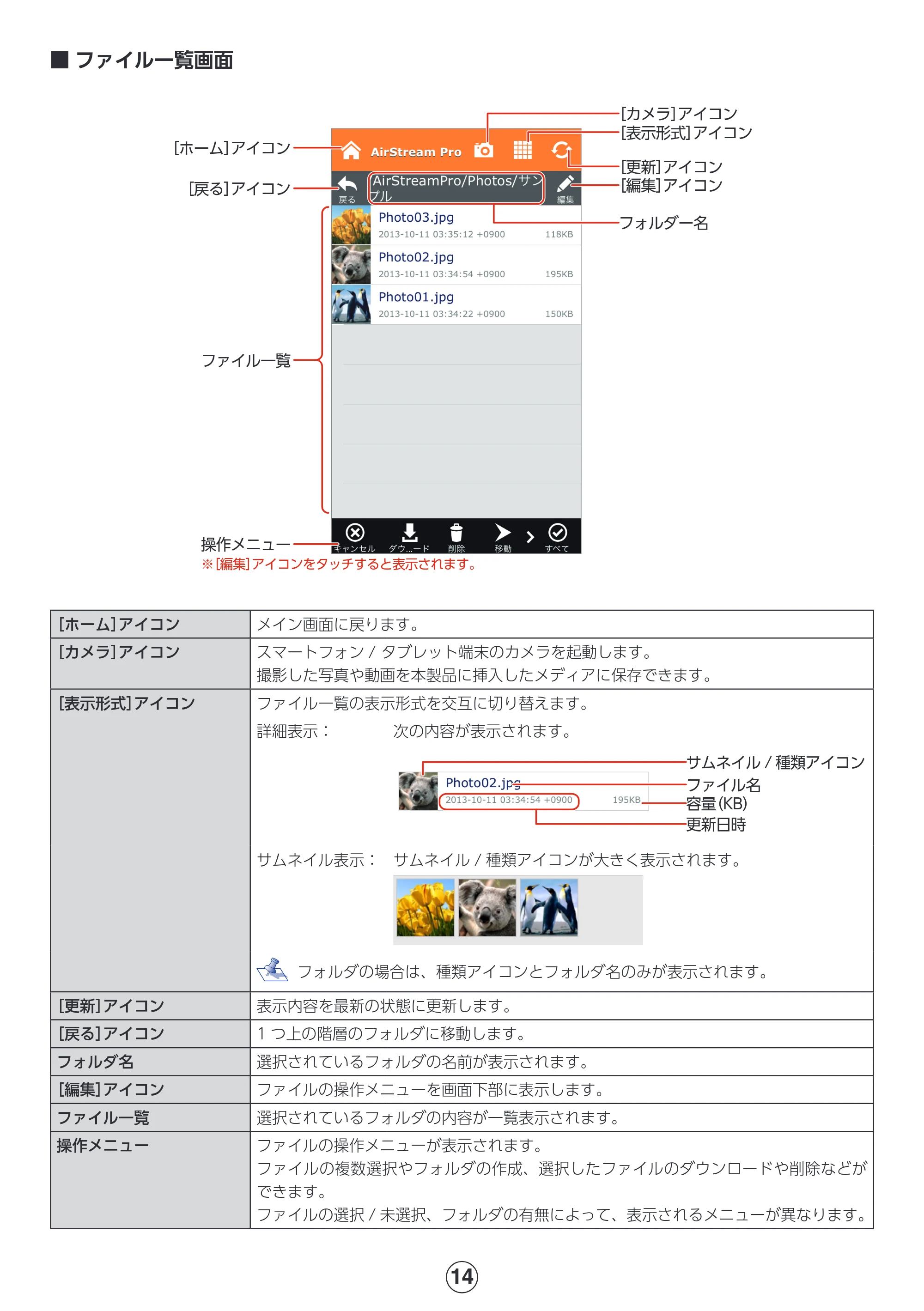 エレコム MR-WI02BK 詳細マニュアル — ファイル一覧画面 — 原本ページ — 14ページ