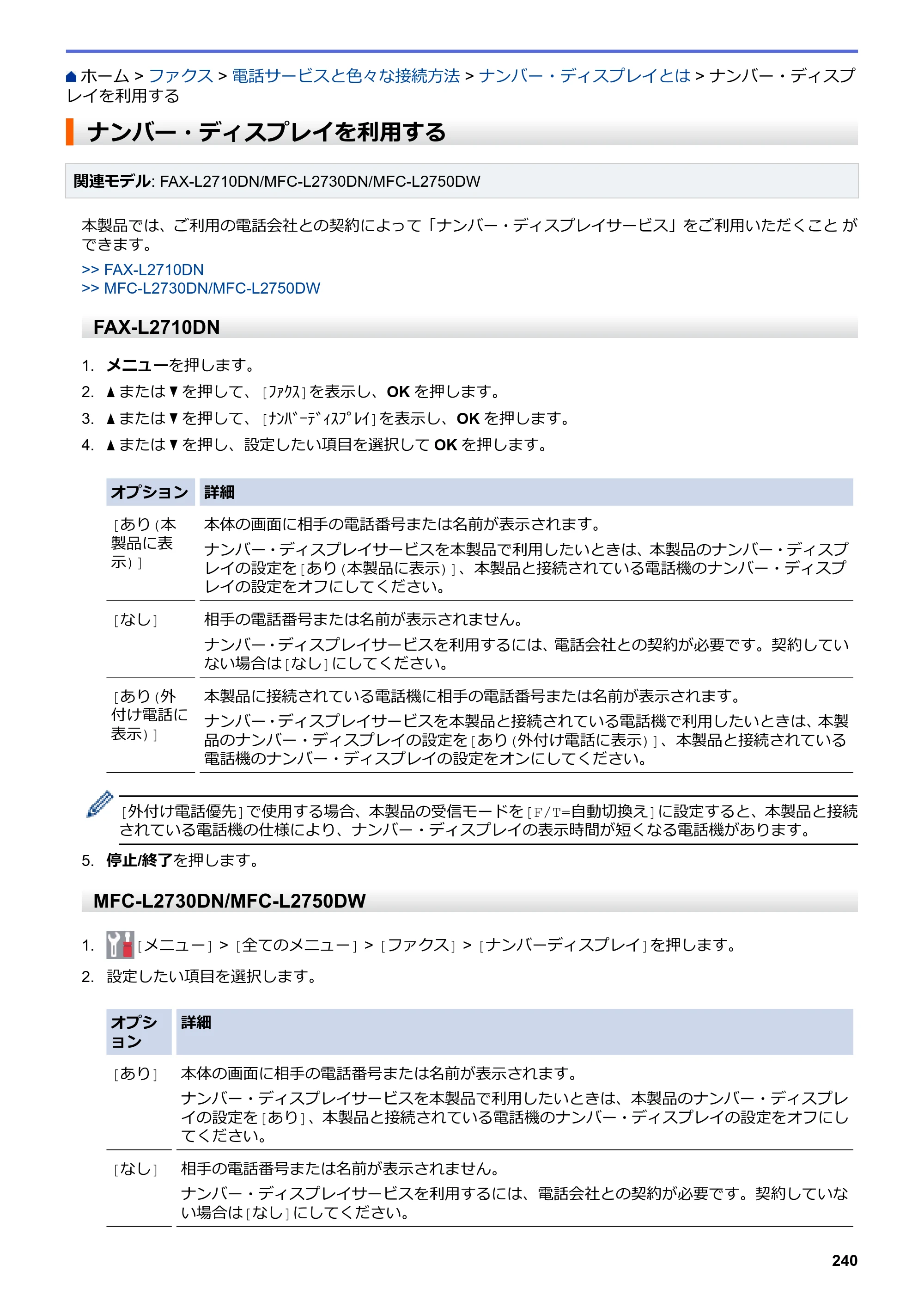 ブラザー DCP-L2535D / DCP-L2550DW / FAX-L2710DN オンラインユーザーズガイド — ナンバー・ディスプレイを利用する — 原本ページ — 247ページ