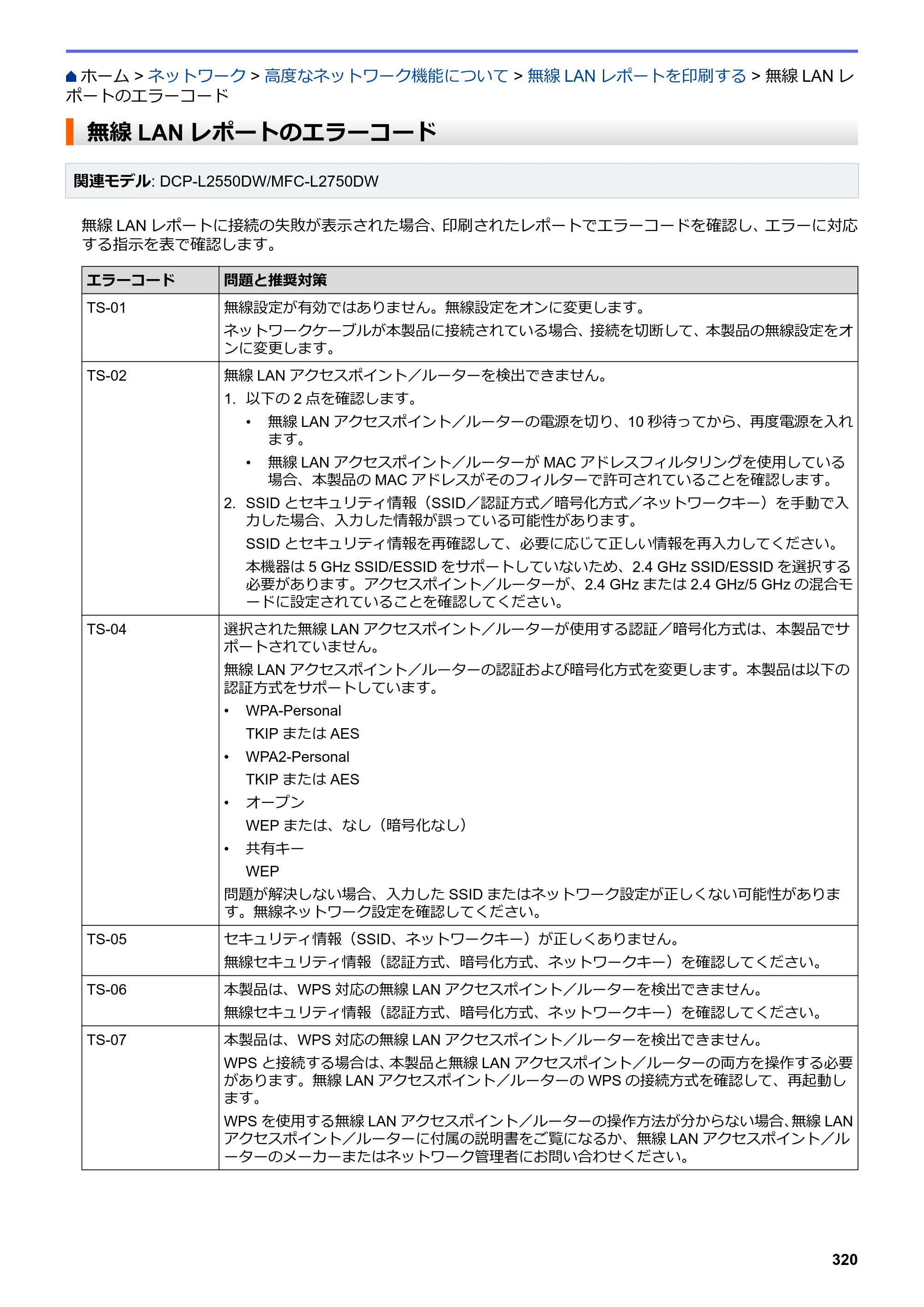 ブラザー DCP-L2535D / DCP-L2550DW / FAX-L2710DN オンラインユーザーズガイド — 無線LANレポートのエラーコード — 原本ページ — 327ページ
