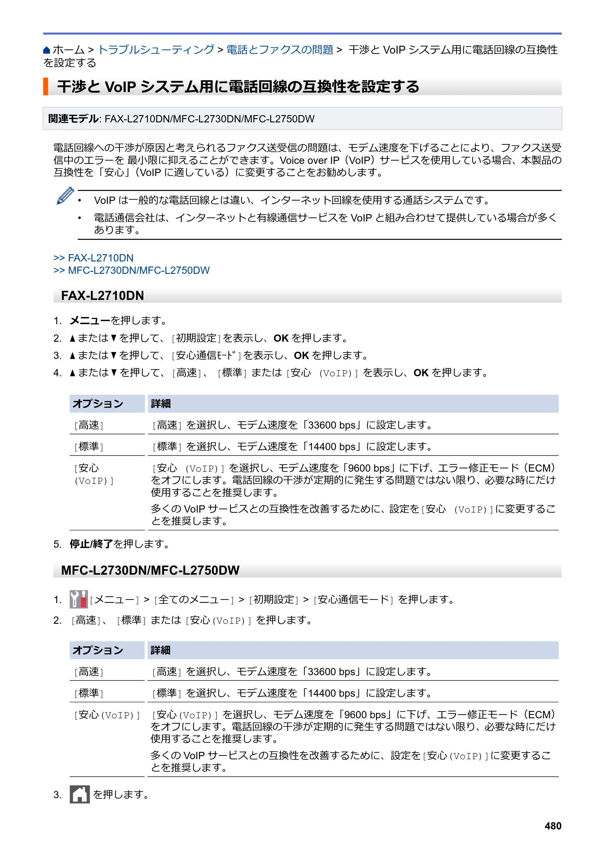 ブラザー DCP-L2535D / DCP-L2550DW / FAX-L2710DN オンラインユーザーズガイド — 干渉とVoIPシステム用に電話回線の互換性を設定する — 原本ページ — 487ページ