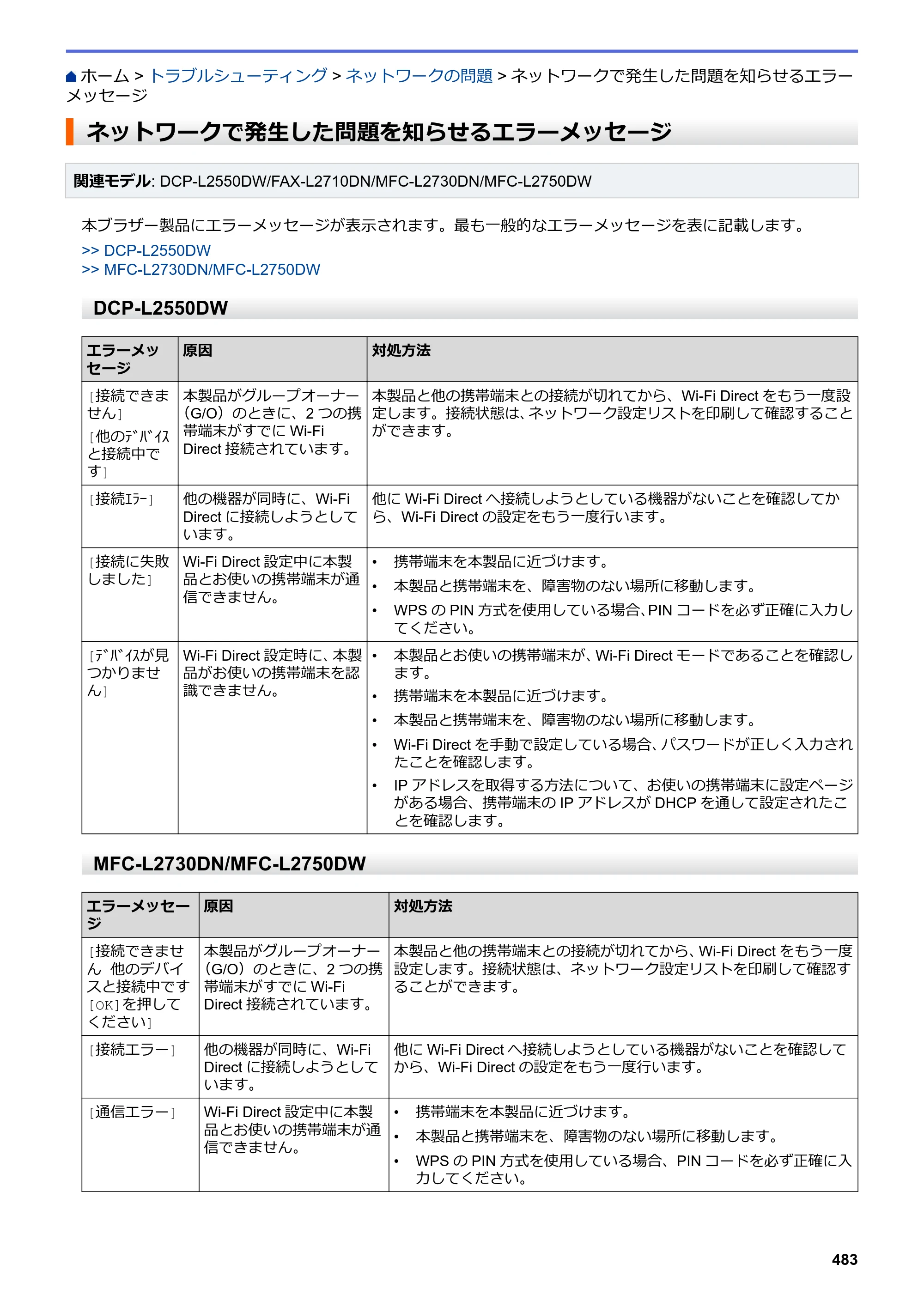 ブラザー DCP-L2535D / DCP-L2550DW / FAX-L2710DN オンラインユーザーズガイド — ネットワークで発生した問題を知らせるエラーメッセージ — 原本ページ — 490ページ