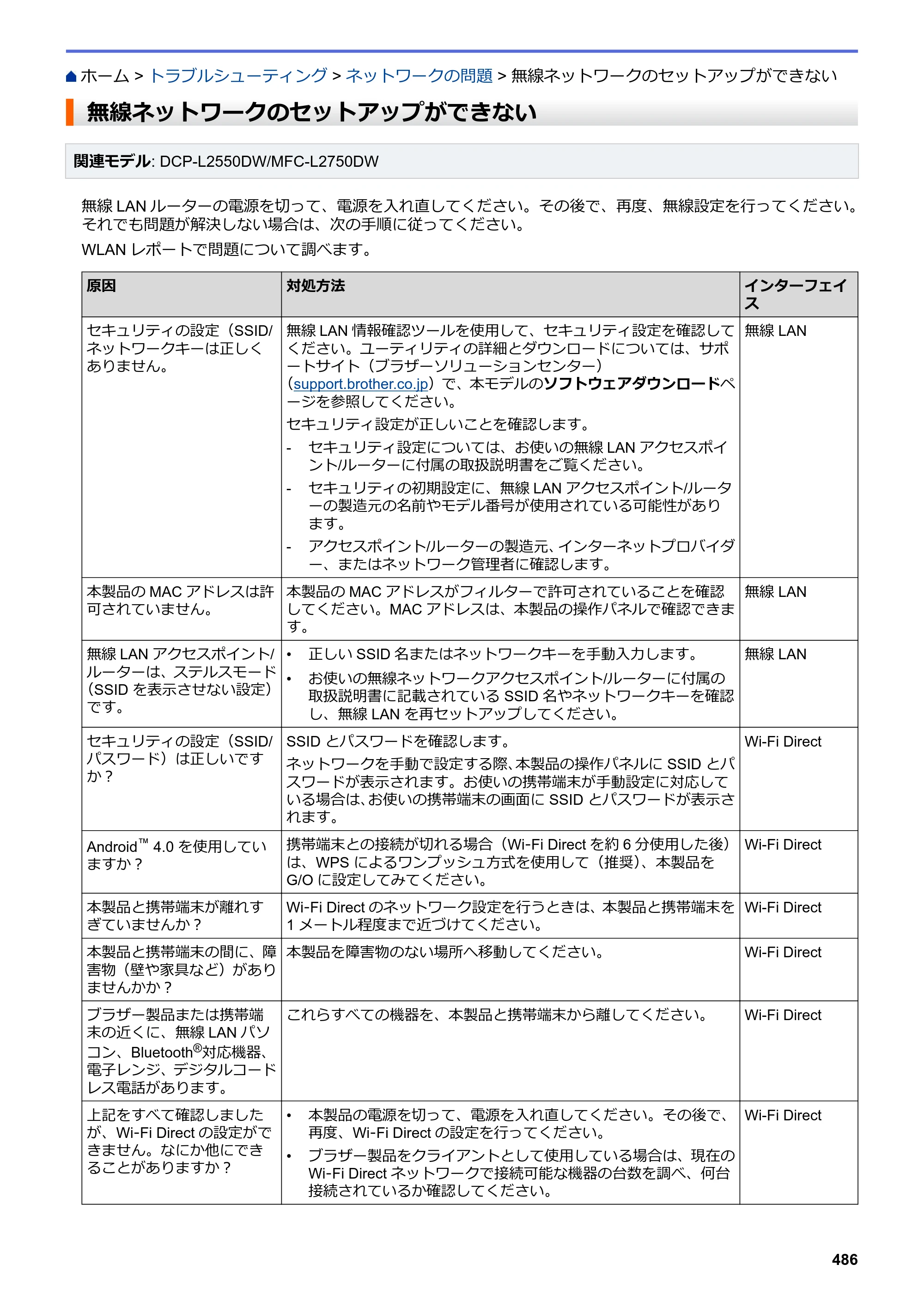 ブラザー DCP-L2535D / DCP-L2550DW / FAX-L2710DN オンラインユーザーズガイド — 無線ネットワークのセットアップができない — 原本ページ — 493ページ