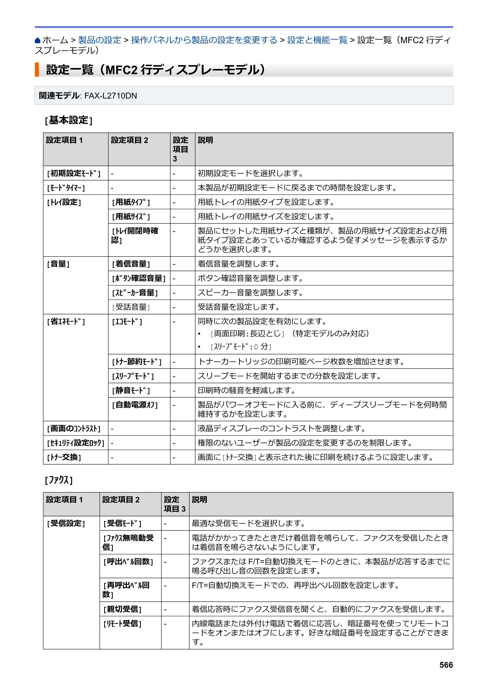 ブラザー DCP-L2535D / DCP-L2550DW / FAX-L2710DN オンラインユーザーズガイド — 設定一覧（MFC2行ディスプレーモデル） — 原本ページ — 573ページ