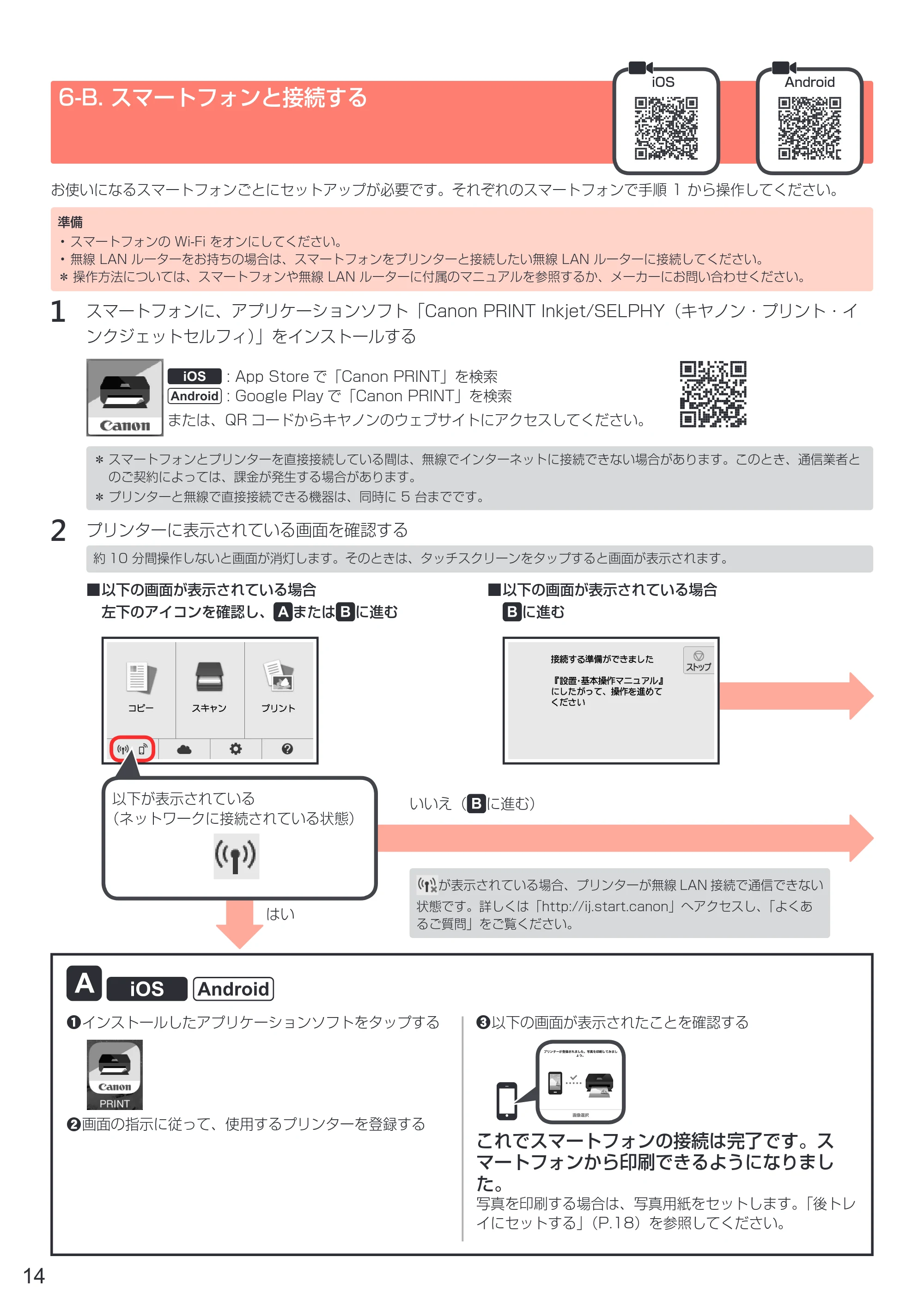 キヤノン PIXUS XK50 設置・基本操作マニュアル（PDF：7.33MB） — 6-B. スマートフォンと接続する — 原本ページ — 16ページ