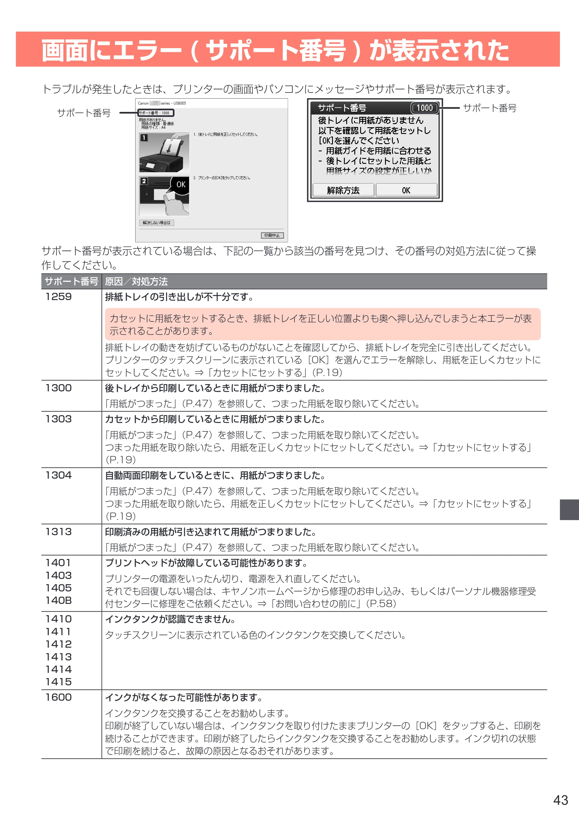 キヤノン PIXUS XK50 設置・基本操作マニュアル（PDF：7.33MB） — 画面にエラー(サポート番号)が表示された — 原本ページ — 45ページ