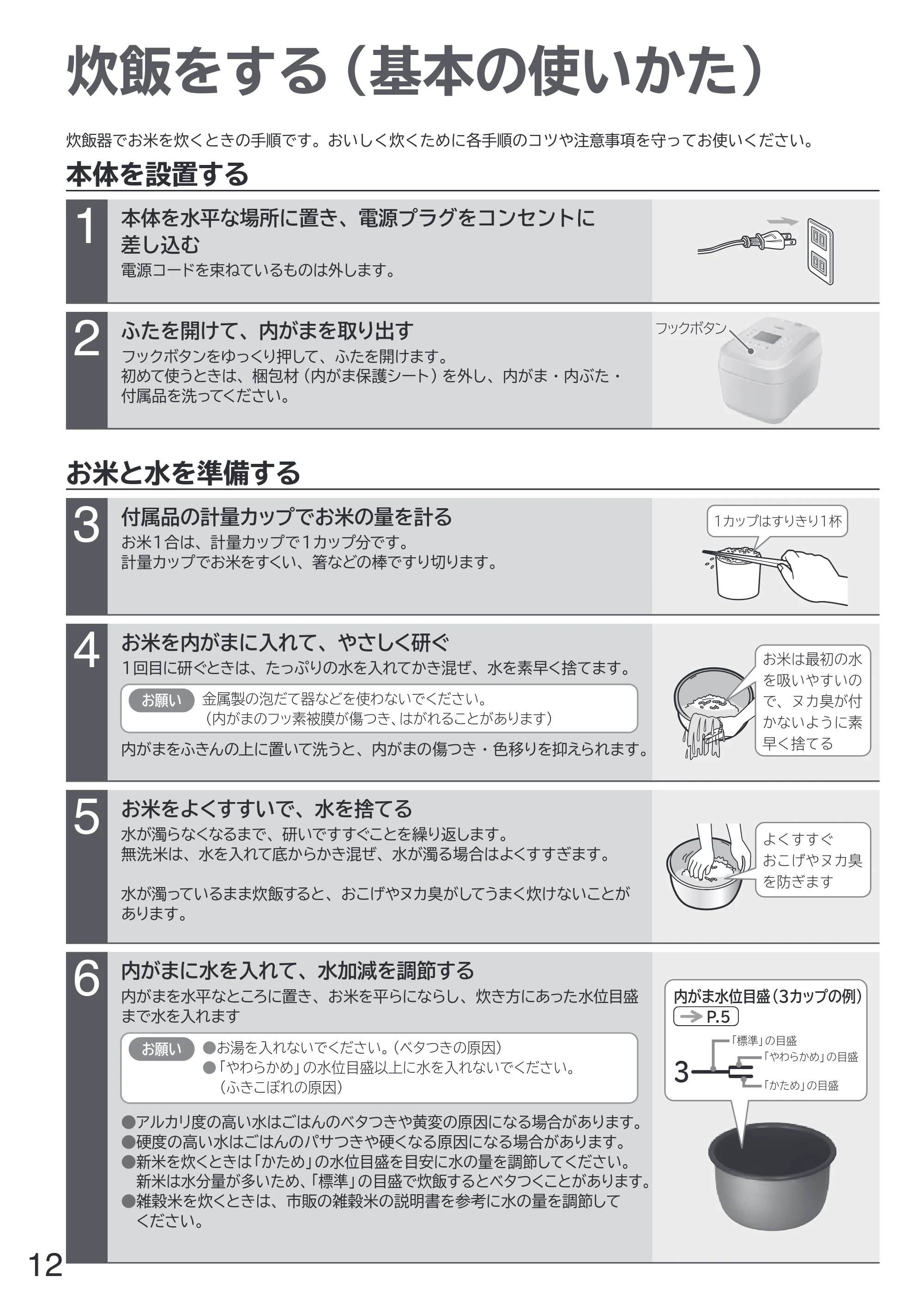 日立 RZ-W100JM 取扱説明書 — 炊飯をする（基本の使いかた） — 原本ページ — 12ページ