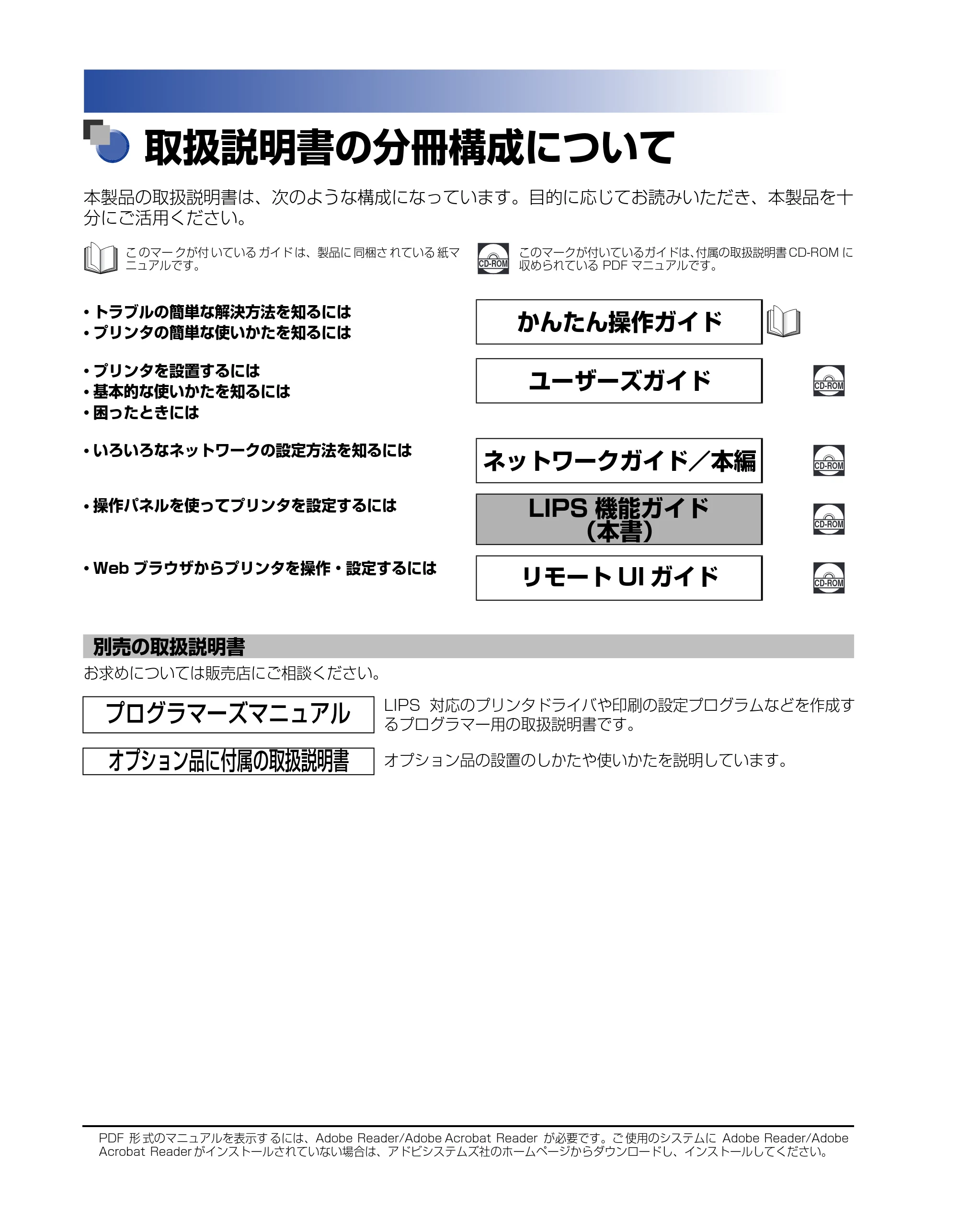 キヤノン LBP5910F/5910 LIPS機能ガイド 2009年12月18日掲載 （PDF形式／5.43Mバイト） — 取扱説明書の分冊構成について — 原本ページ — 2ページ