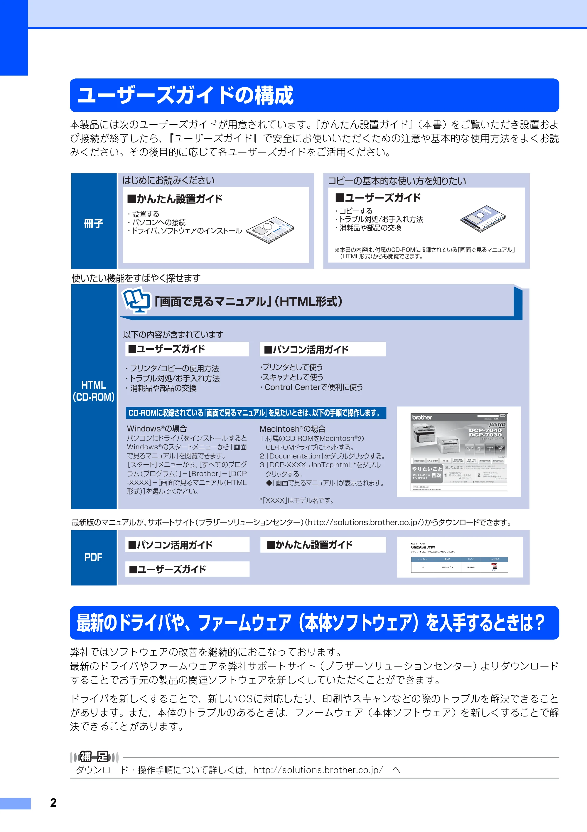 ブラザー DCP-7030 / DCP-7040 かんたん設置ガイド — ユーザーズガイドの構成 — 原本ページ — 2ページ