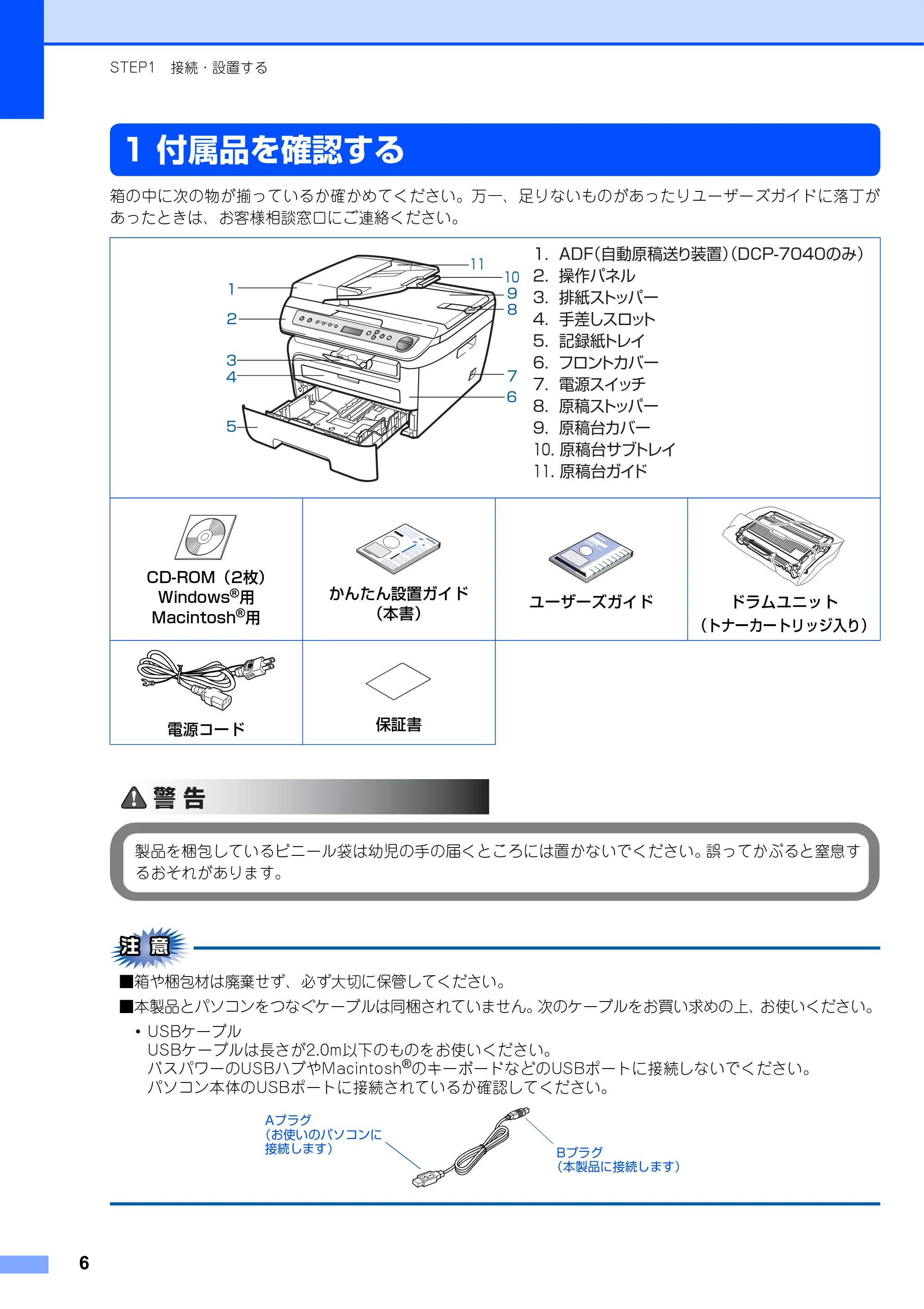 ブラザー DCP-7030 / DCP-7040 かんたん設置ガイド — 1 付属品を確認する — 原本ページ — 6ページ
