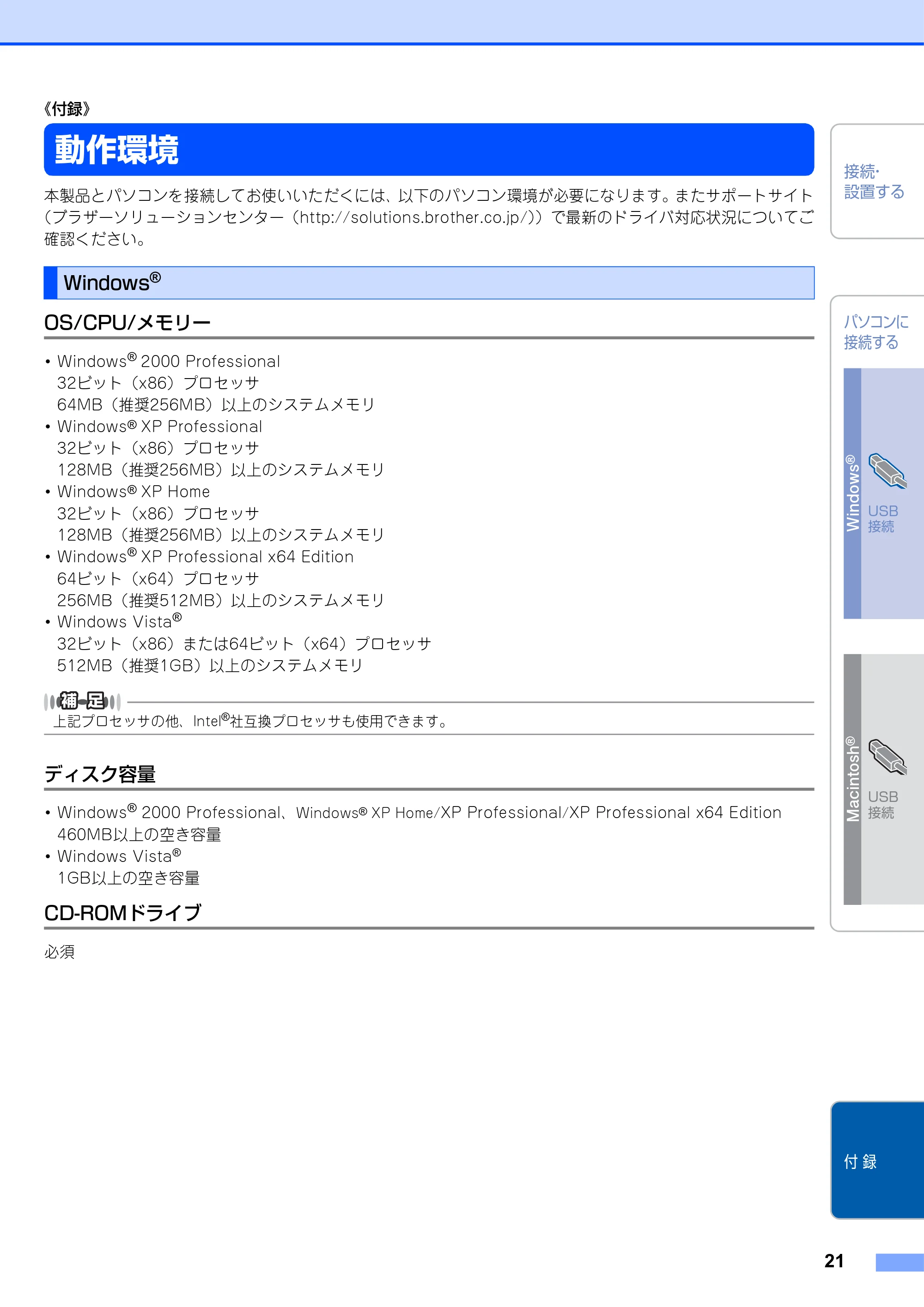 ブラザー DCP-7030 / DCP-7040 かんたん設置ガイド — 付 録 — 原本ページ — 21ページ