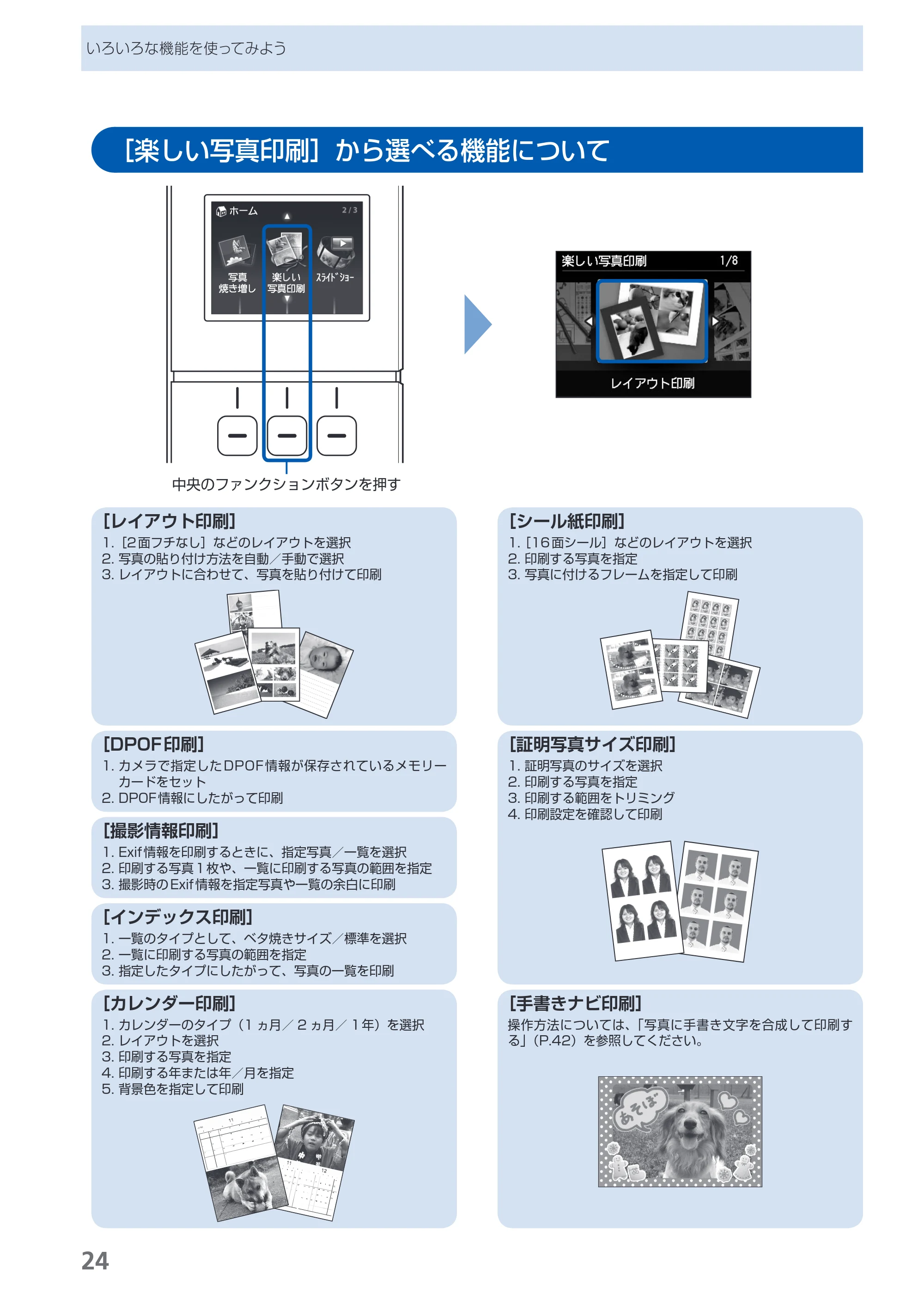 キヤノン PIXUS MG5130 らくらく操作ガイド （PDF形式／23.35Mバイト） — ［楽しい写真印刷］から選べる機能について — 原本ページ — 26ページ