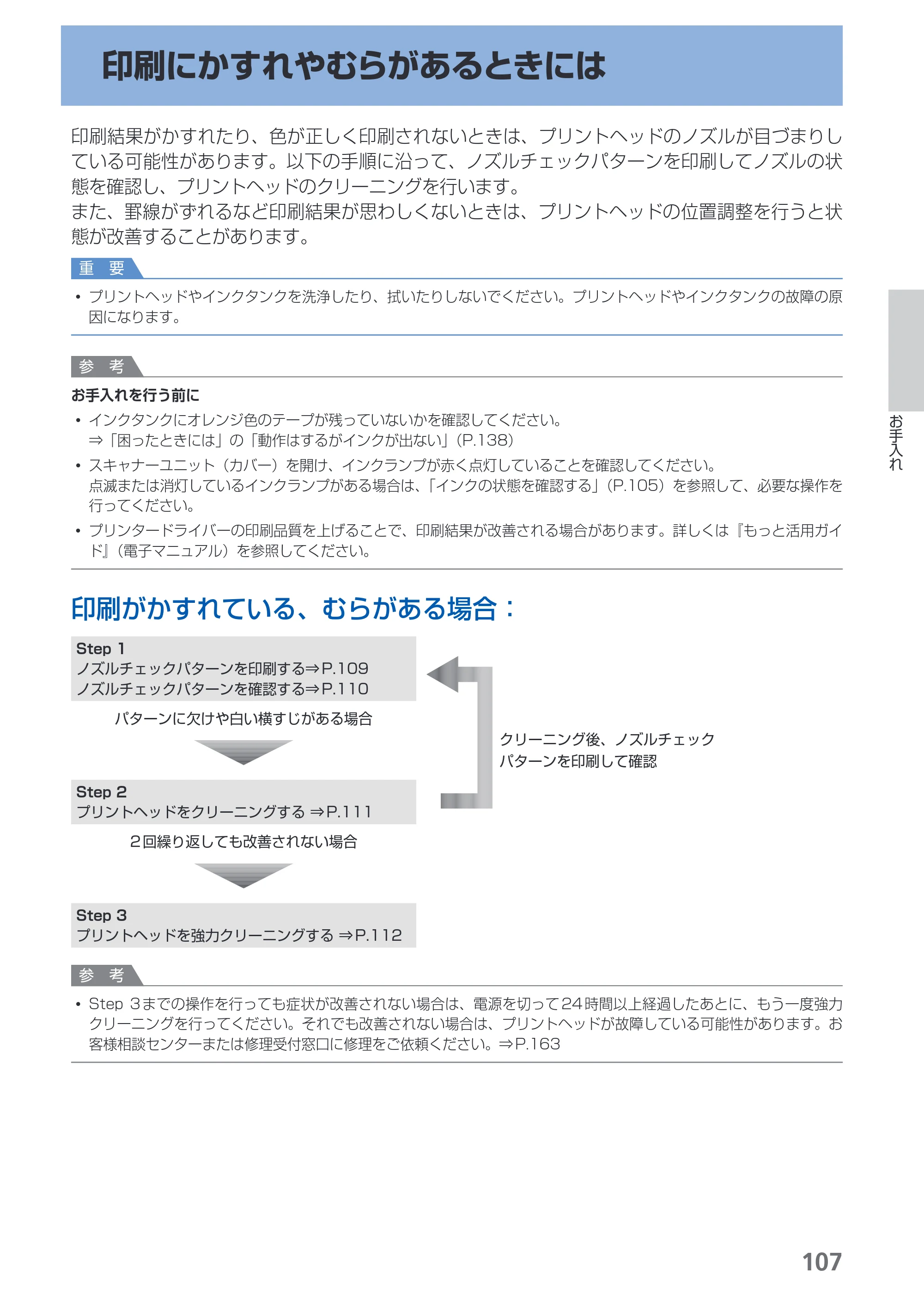キヤノン PIXUS MG5130 らくらく操作ガイド （PDF形式／23.35Mバイト） — 印刷にかすれやむらがあるときには — 原本ページ — 109ページ