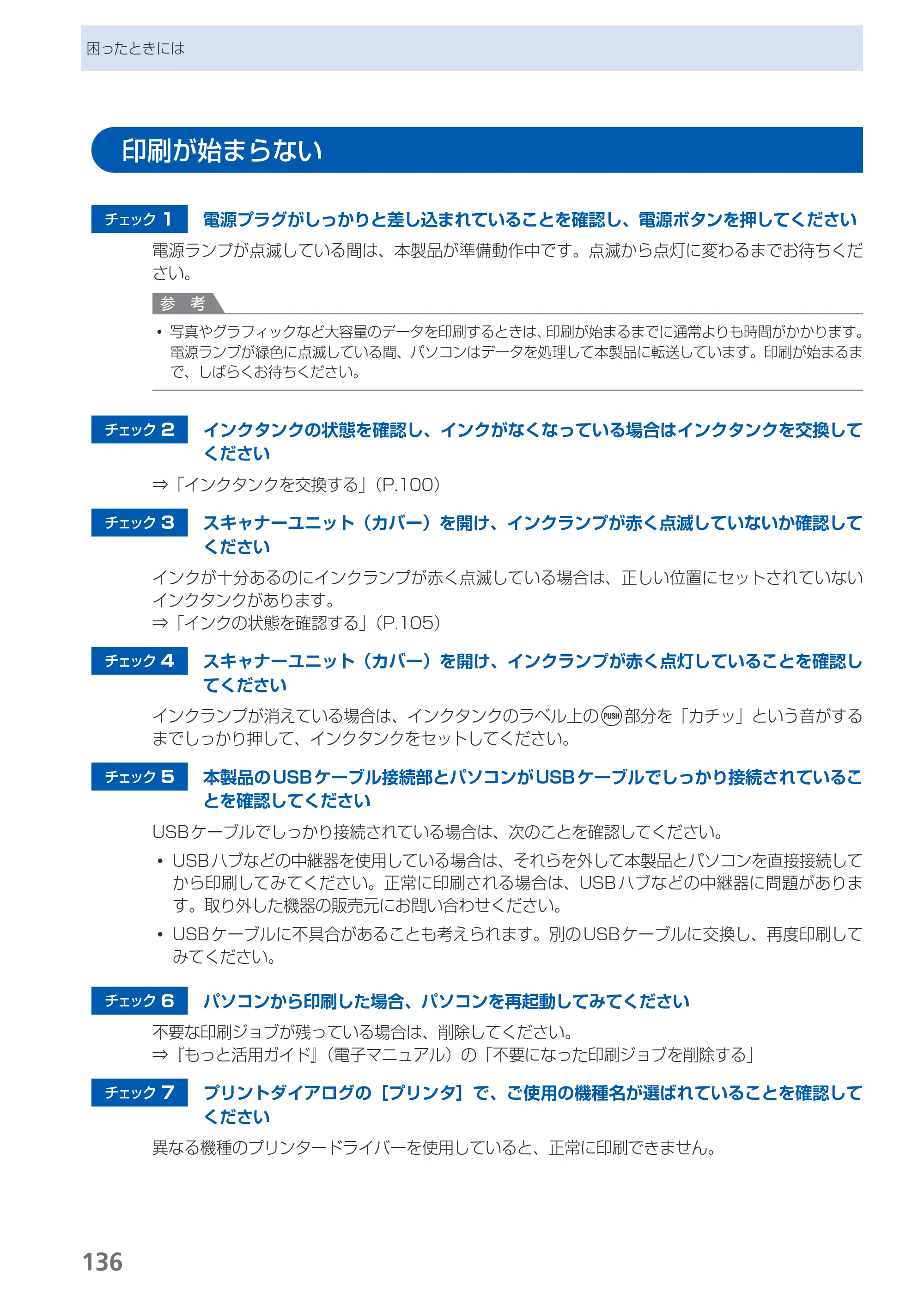 キヤノン PIXUS MG5130 らくらく操作ガイド （PDF形式／23.35Mバイト） — 印刷が始まらない — 原本ページ — 138ページ