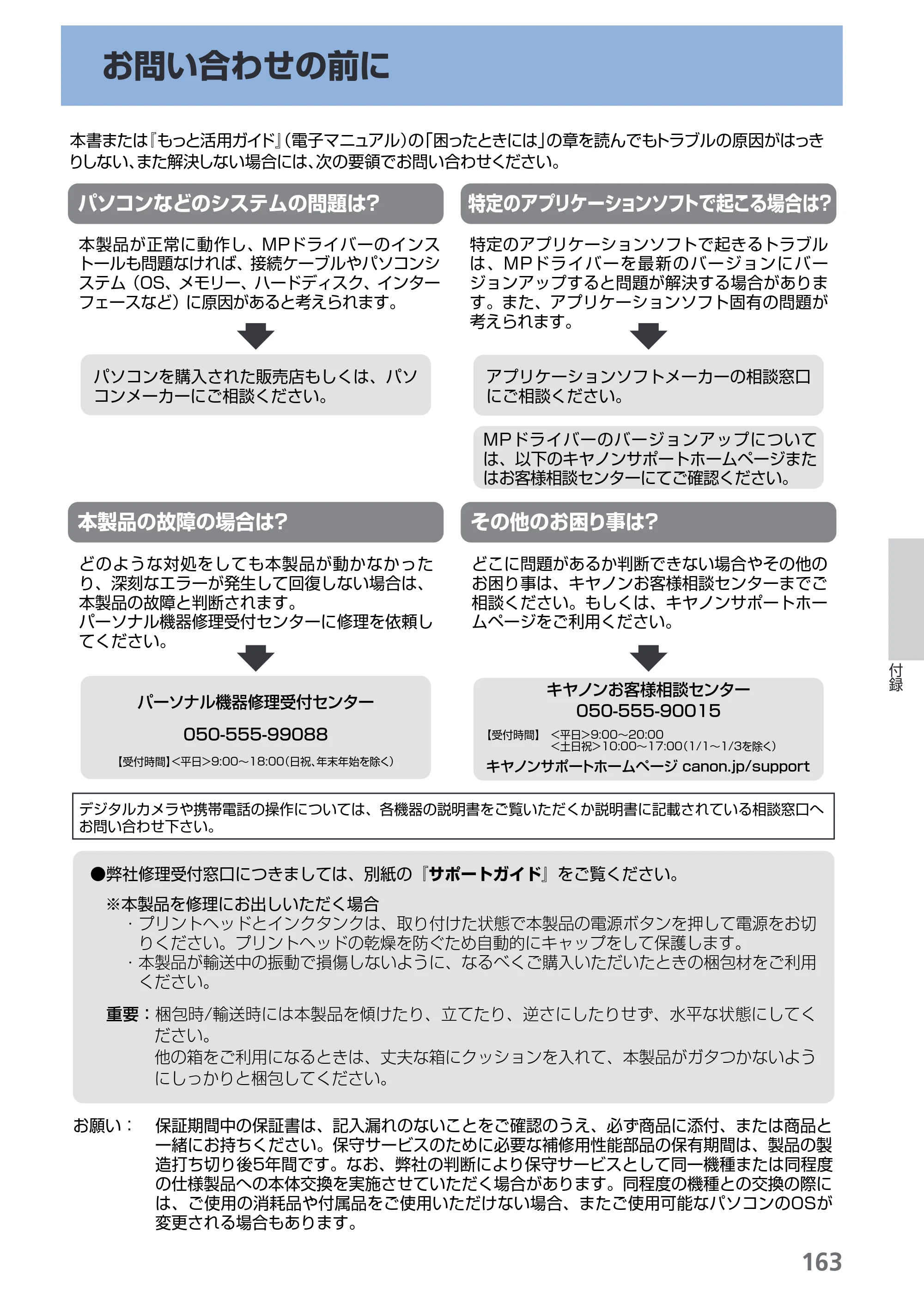 キヤノン PIXUS MG5130 らくらく操作ガイド （PDF形式／23.35Mバイト） — お問い合わせの前に — 原本ページ — 165ページ