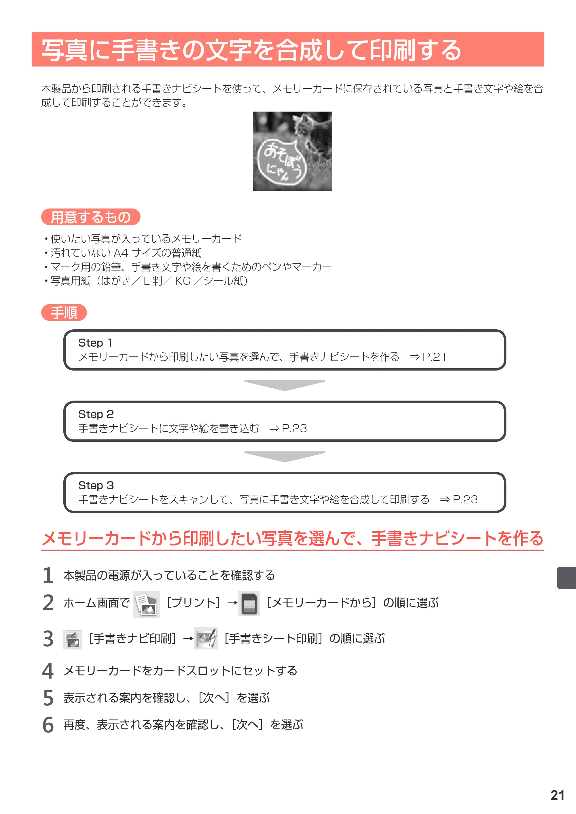 キヤノン PIXUS TS8030 設置・基本操作マニュアル（PDF：5.37MB） — 写真に手書きの文字を合成して印刷する — 原本ページ — 23ページ
