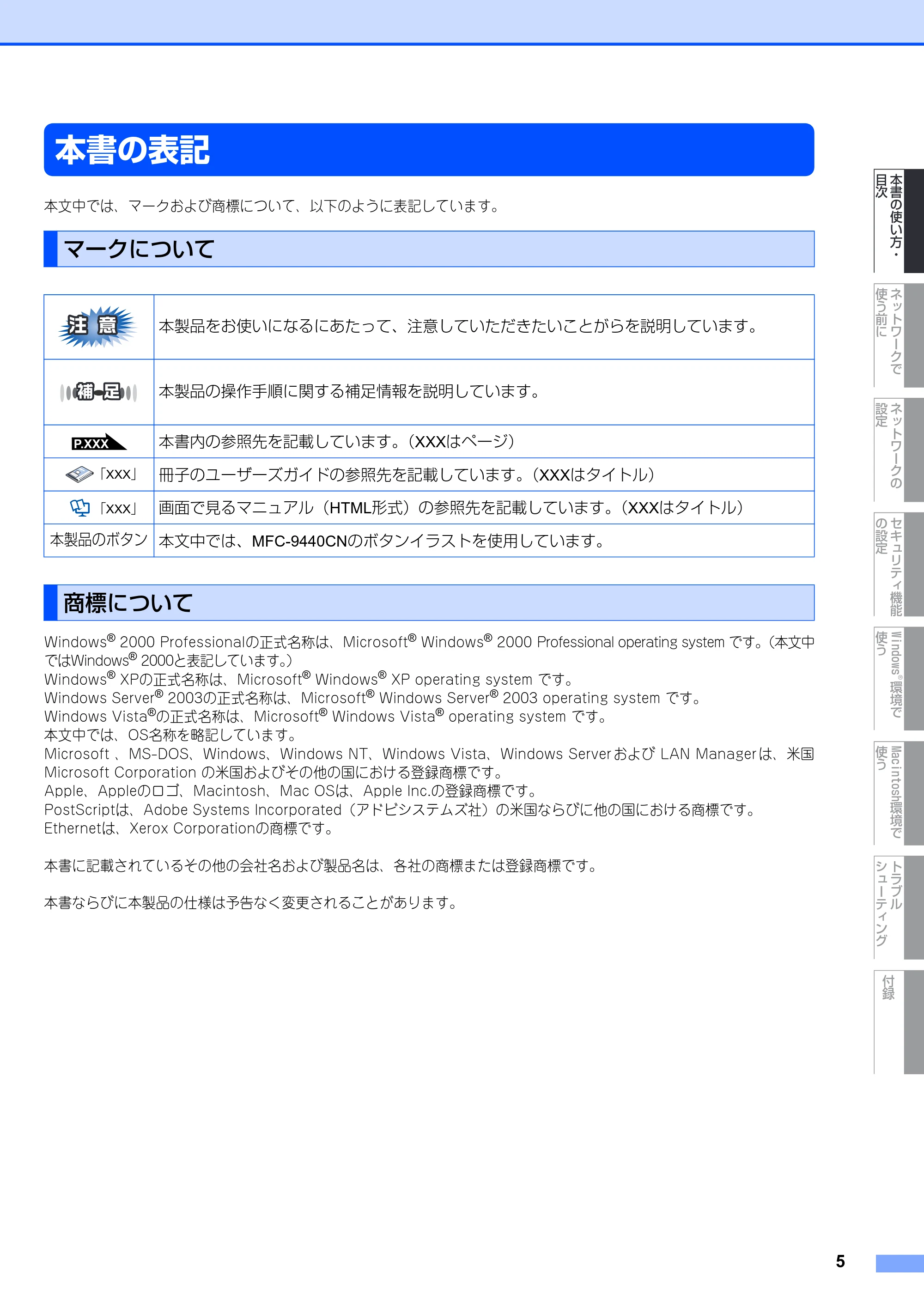 ブラザー DCP-9040CN / MFC-9440CN / MFC-9450CDN ネットワーク取扱説明書 — 本書の表記 — 原本ページ — 6ページ