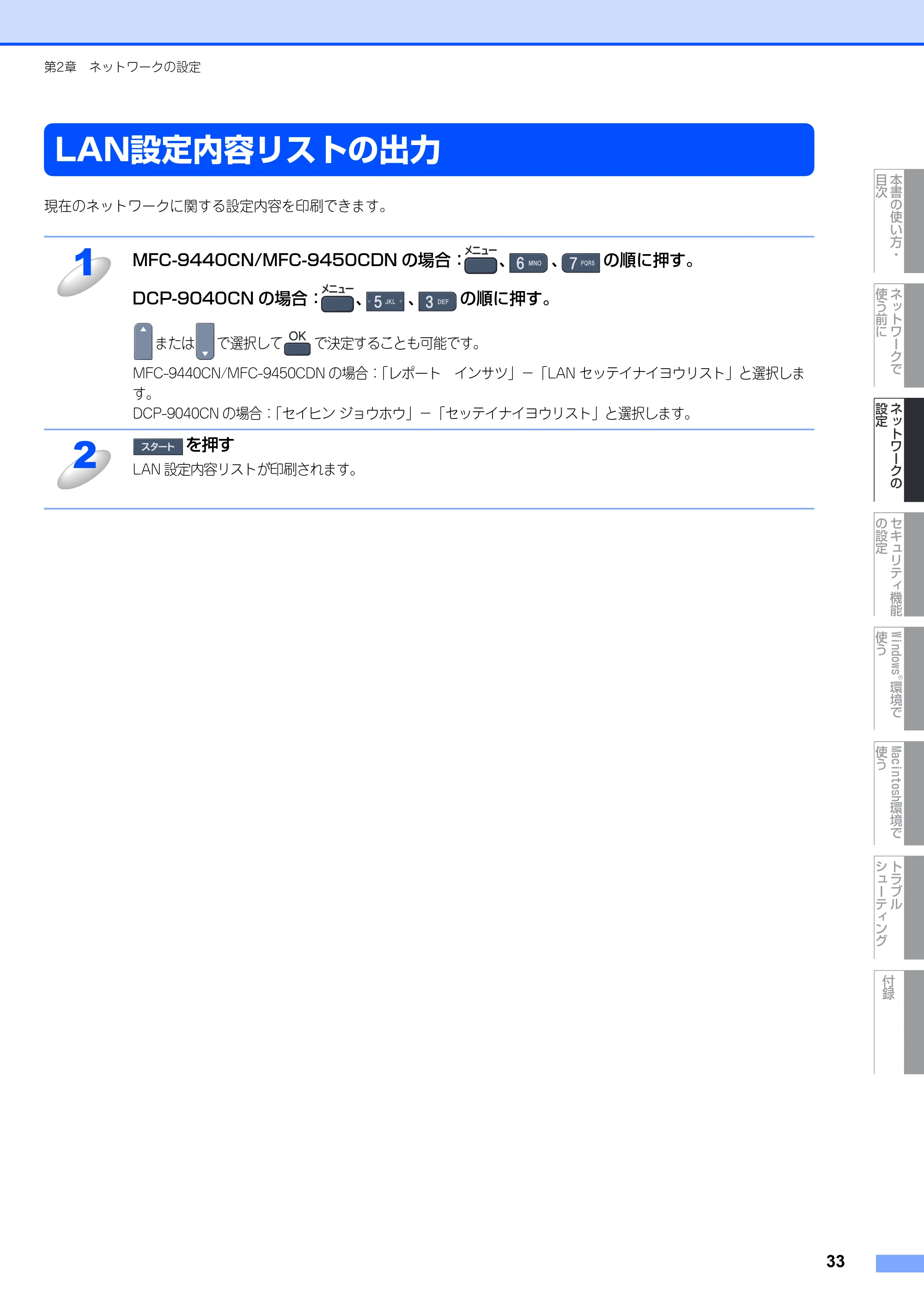 ブラザー DCP-9040CN / MFC-9440CN / MFC-9450CDN ネットワーク取扱説明書 — LAN設定内容リストの出力 — 原本ページ — 34ページ