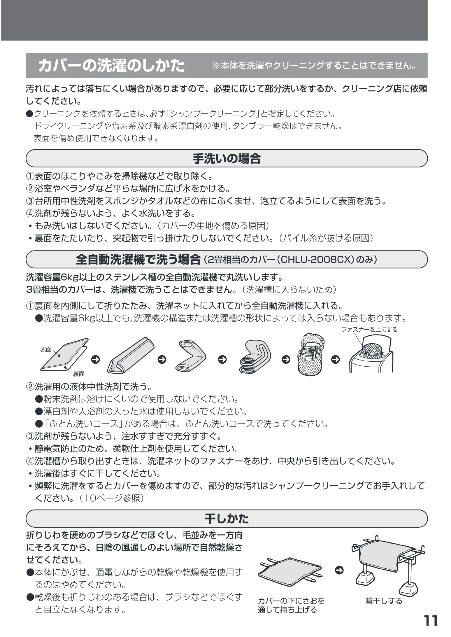 日立 HLU-3008CX / HLU-2008CX 取扱説明書 — っ ファスナーを上にする a に fi @) (>) (>) © @ Keka @ RO — 図版 11-1 — 11ページ