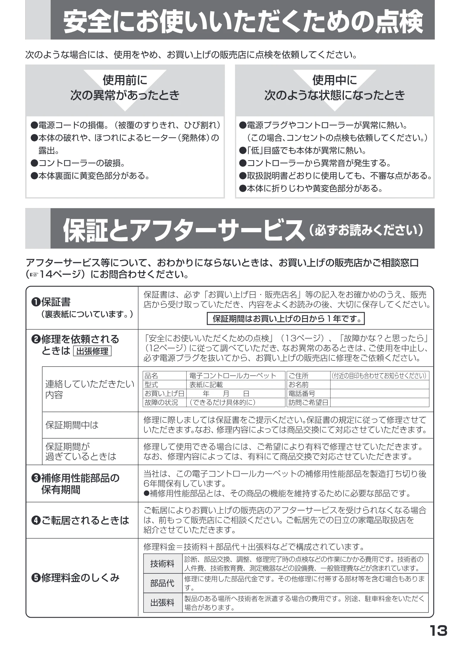 日立 HLU-3008CX / HLU-2008CX 取扱説明書 — 人@電源コードの損傷。(被覆 のすりきれ、ひび割れ) 人@電源プラグやコントローラーが異常に熱い。 — 図版 13-1 — 13ページ
