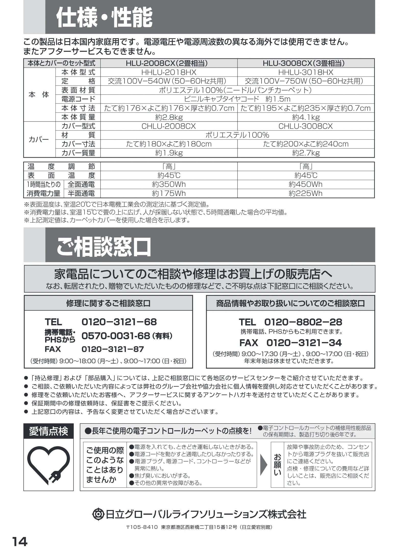 日立 HLU-3008CX / HLU-2008CX 取扱説明書 — 仕様・性能 — 図版 14-1 — 14ページ