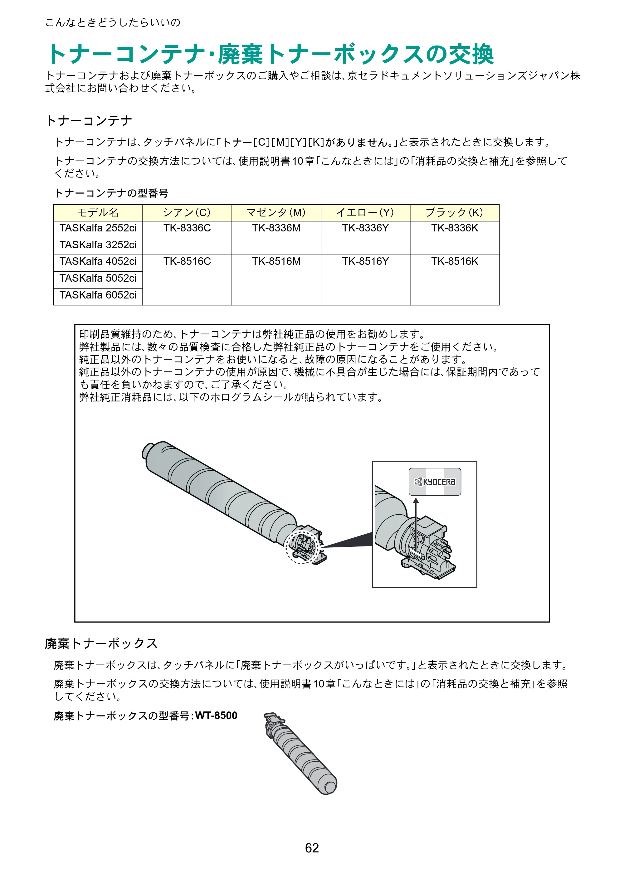 京セラ TASKalfa 2552ci / TASKalfa 3252ci / TASKalfa 4052ci TASKalfa 6052ci/5052ci/4052ci/3252ci/2552ci クイックガイド — トナーコンテナ・廃棄トナーボックスの交換 — 原本ページ — 62ページ