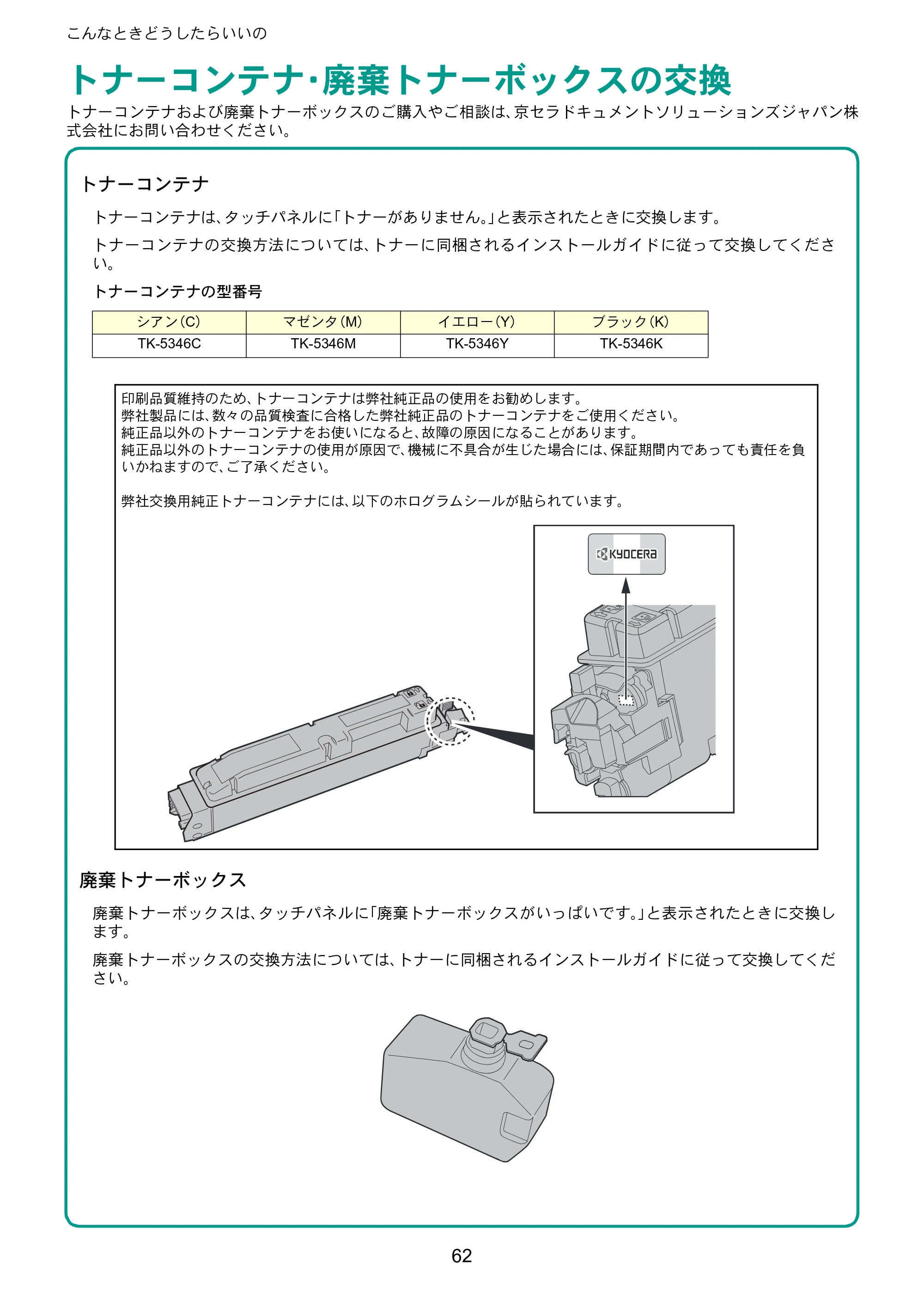 京セラ TASKalfa 352ci TASKalfa 352ci クイックガイド — トナーコンテナ・廃棄トナーボックスの交換 — 原本ページ — 62ページ