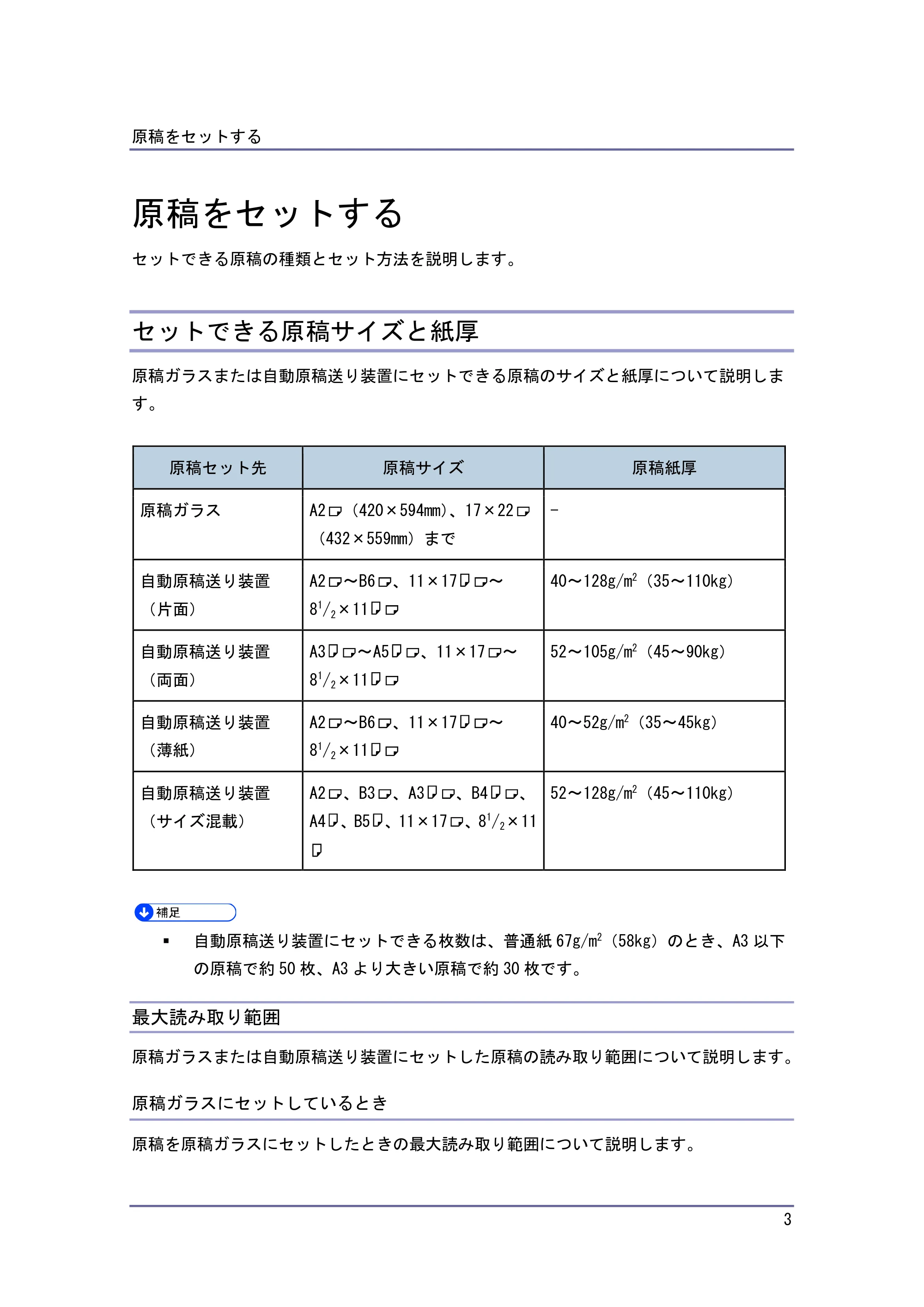 キヤノン PostScript3 用紙の仕様とセット方法 （PDF形式／3.09Mバイト） — 原稿をセットする — 原本ページ — 3ページ