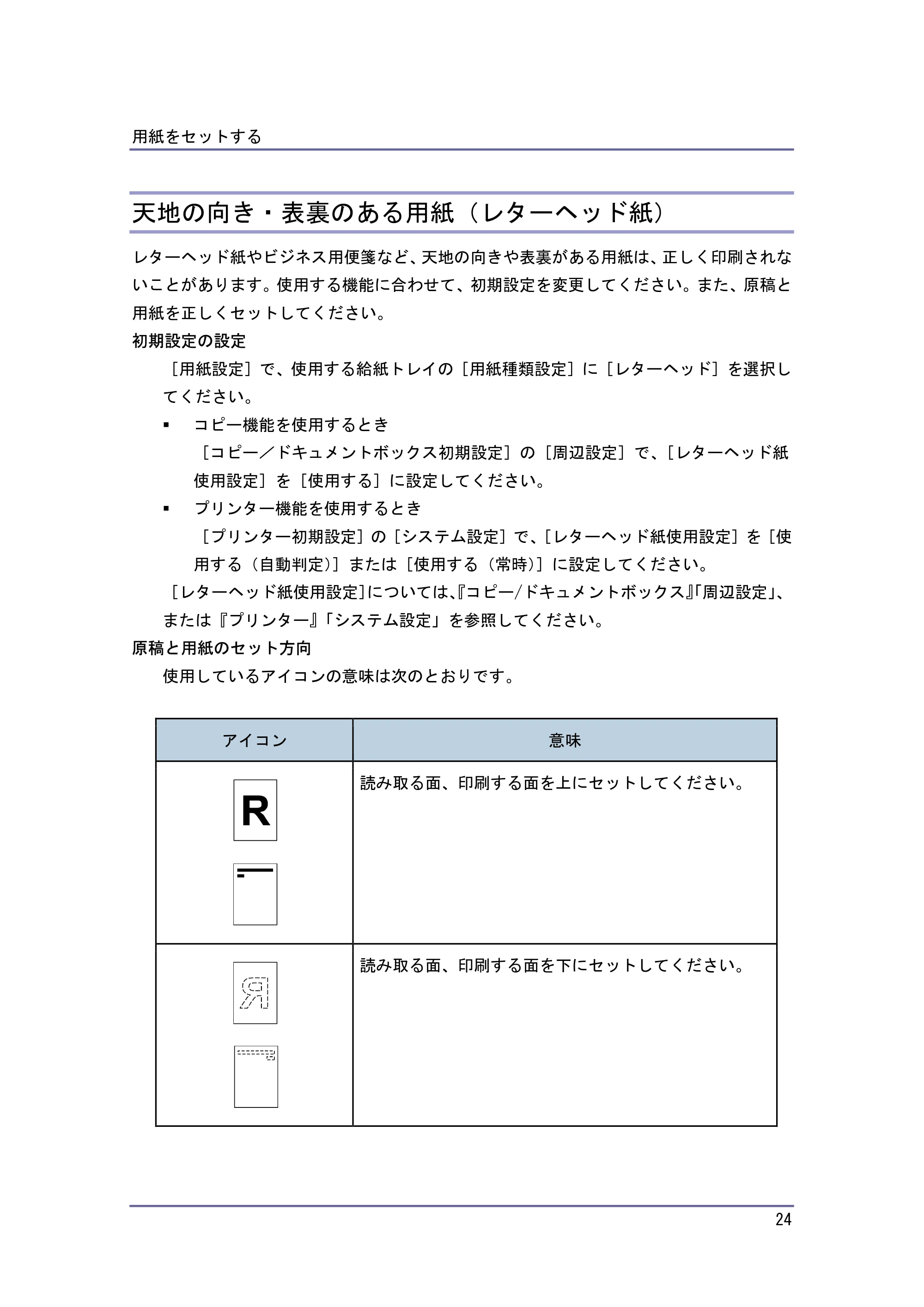 キヤノン PostScript3 用紙の仕様とセット方法 （PDF形式／3.09Mバイト） — 天地の向き・表裏のある用紙（レターヘッド紙） — 原本ページ — 24ページ