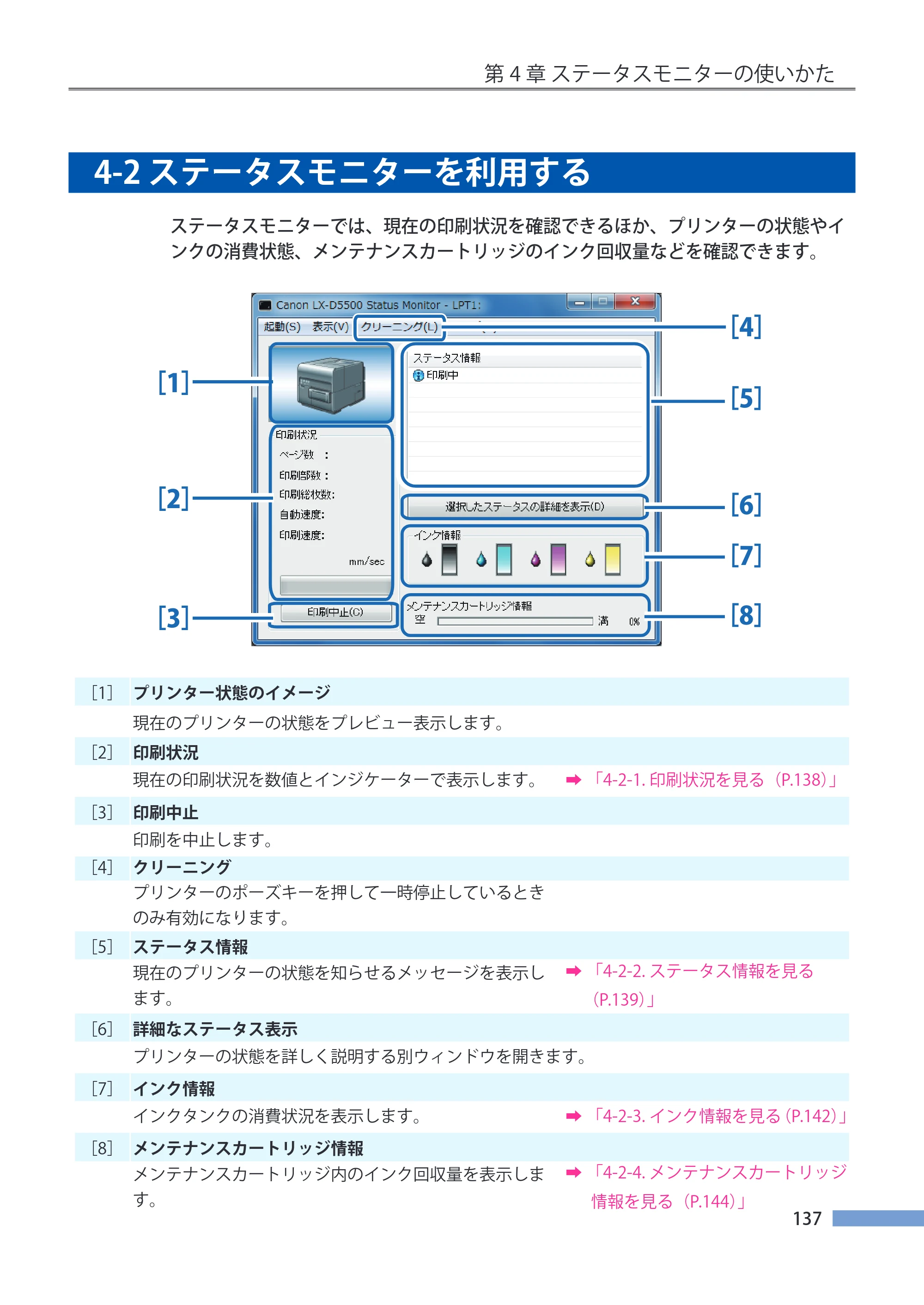 キヤノン LX-P5500/LX-D5500 LX-P5500／LX-D5500 （BJI-P511M用）ユーザーズガイド 2025年7月24日更新（PDF：14.6MB） — 4-2 ステータスモニターを利用する — 原本ページ — 144ページ