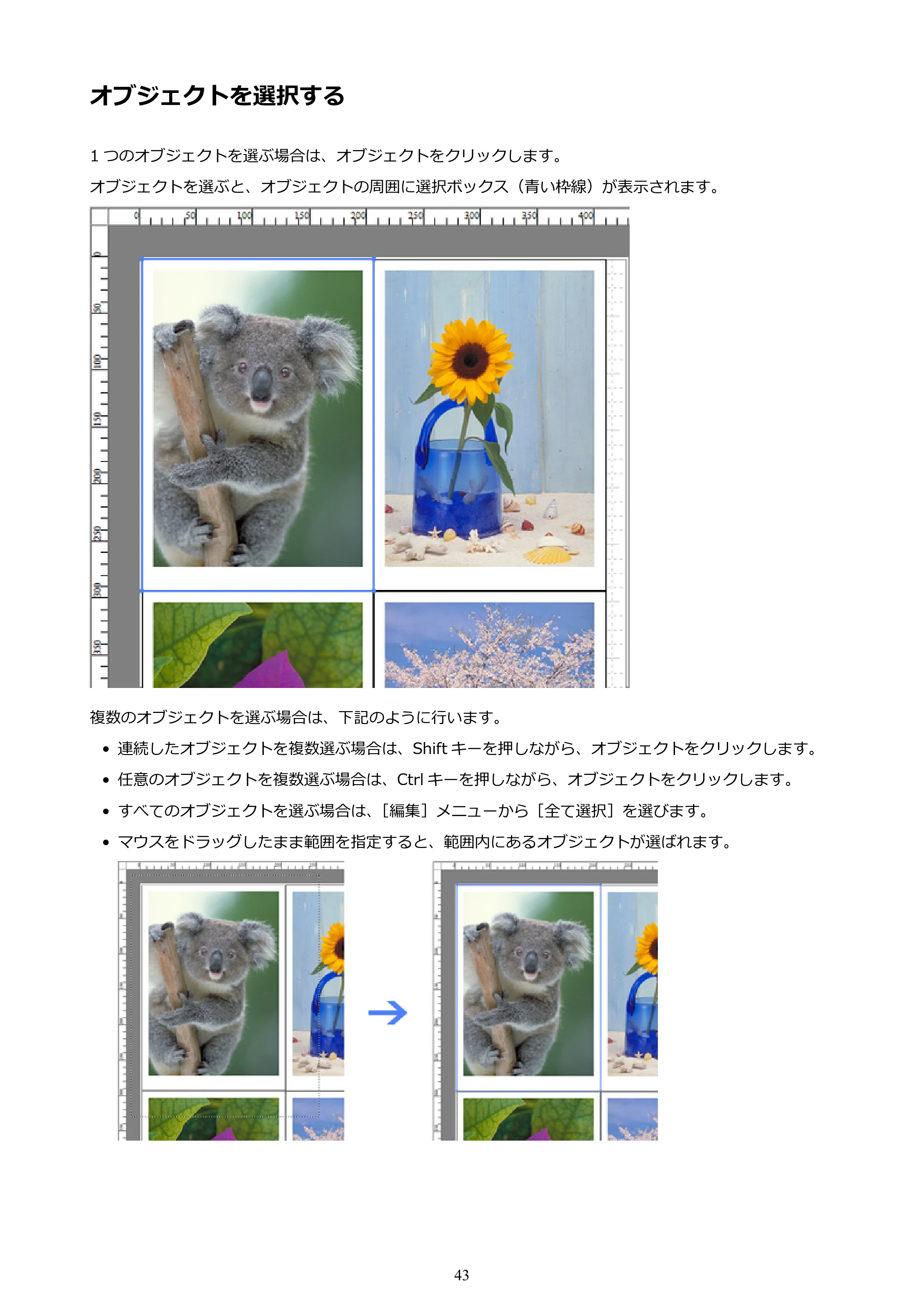 キヤノン PRO-1000 / PRO-2000 / PRO-4000 Free Layout ガイド（Windows版）2019年10月9日掲載（PDF：3.64MB） — オブジェクトを選択する — 原本ページ — 43ページ