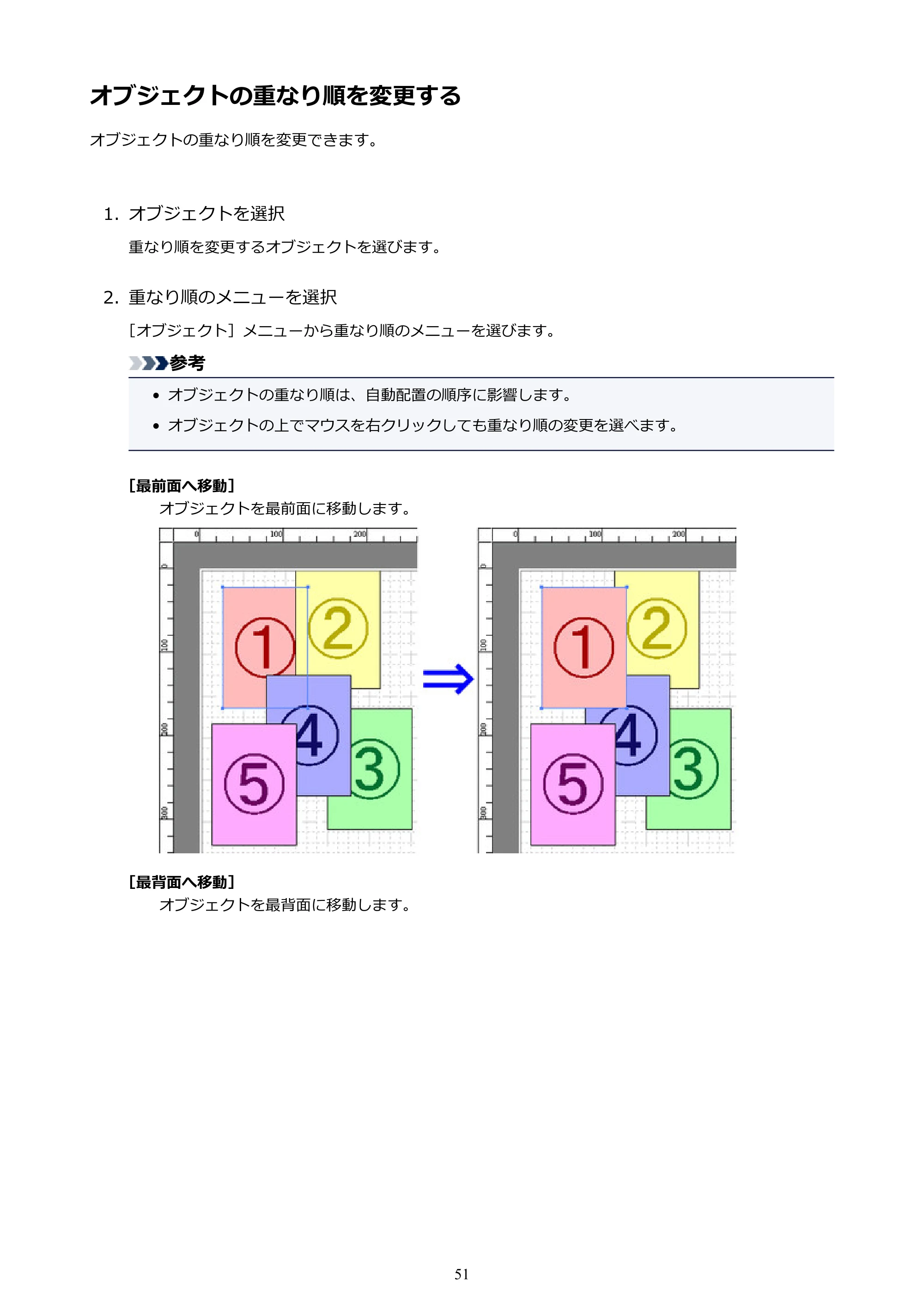 キヤノン PRO-1000 / PRO-2000 / PRO-4000 Free Layout ガイド（Windows版）2019年10月9日掲載（PDF：3.64MB） — オブジェクトの重なり順を変更する — 原本ページ — 51ページ